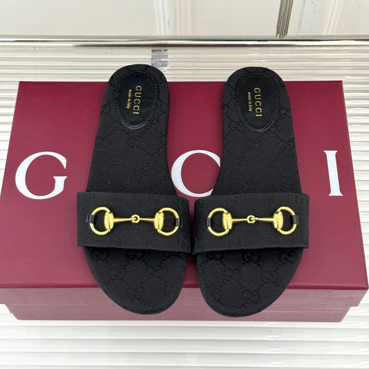 SLIDE SANDALS IN BLACK FABRIC EMBOSSED LOGO - 35