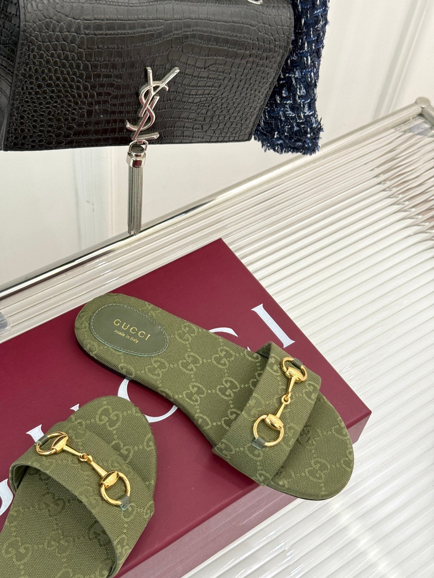 SLIDE SANDALS IN MOSS GREEN FABRIC EMBOSSED LOGO - 35