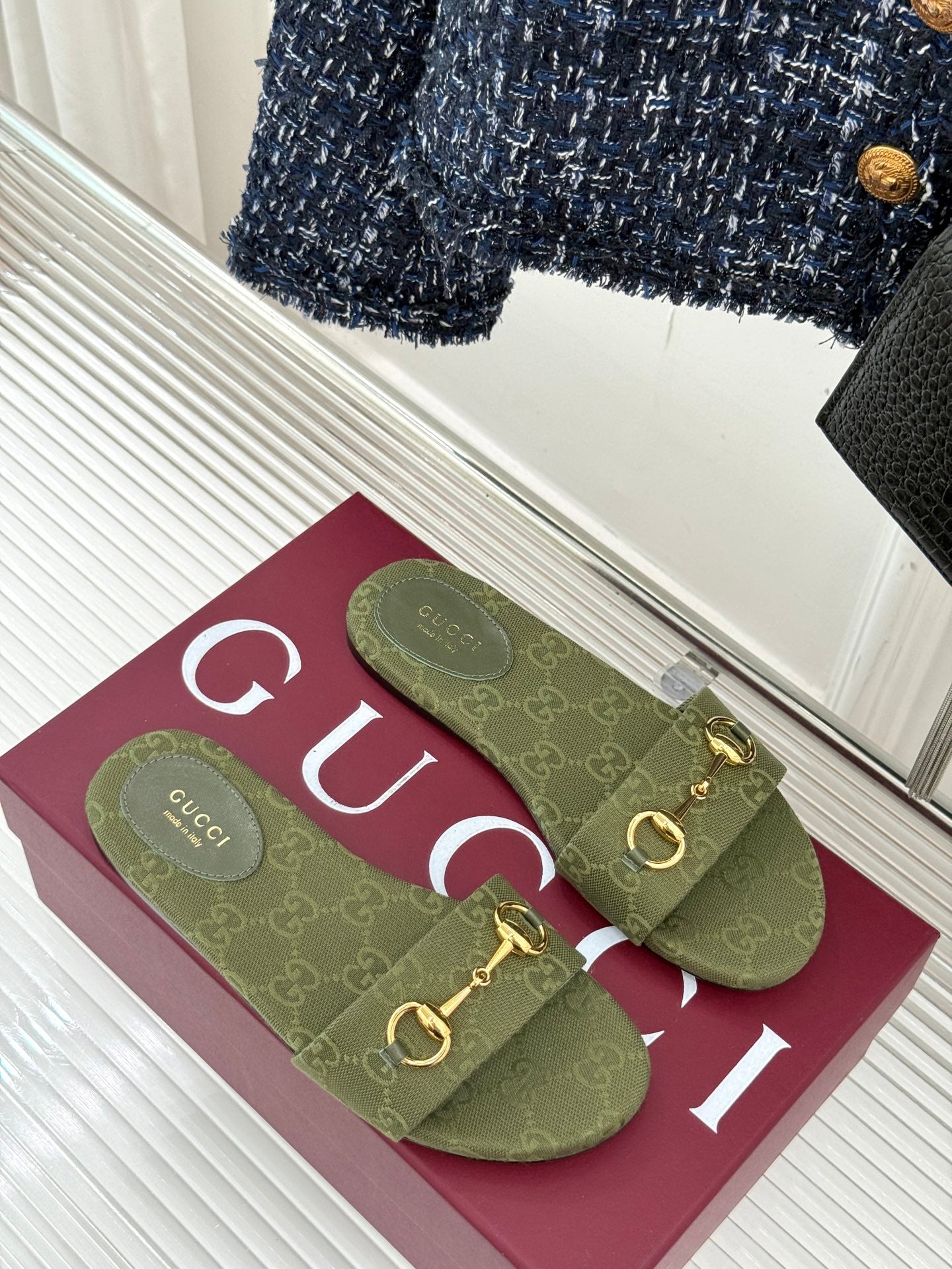 SLIDE SANDALS IN MOSS GREEN FABRIC EMBOSSED LOGO - 35