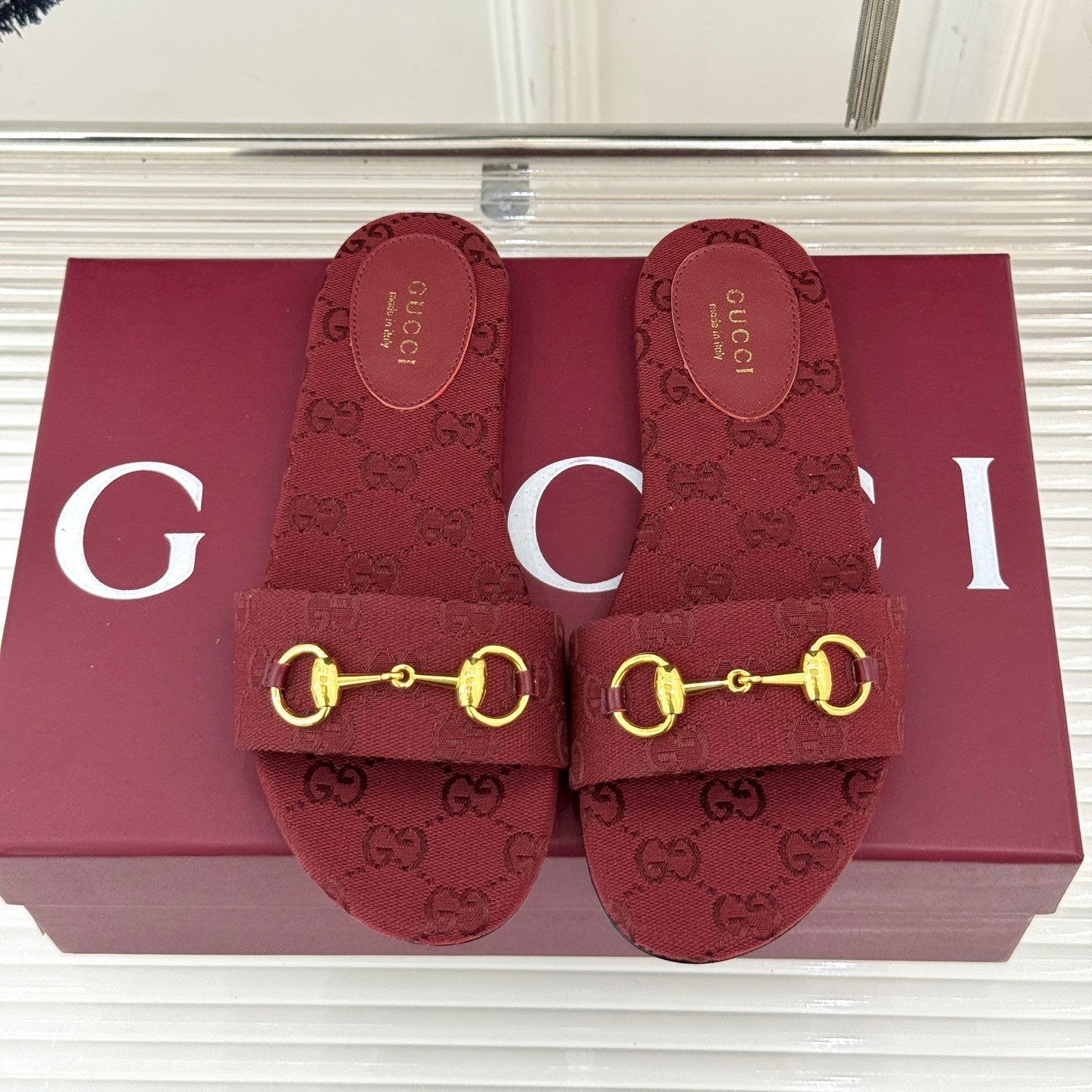 SLIDE SANDALS IN RED FABRIC EMBOSSED LOGO - 35