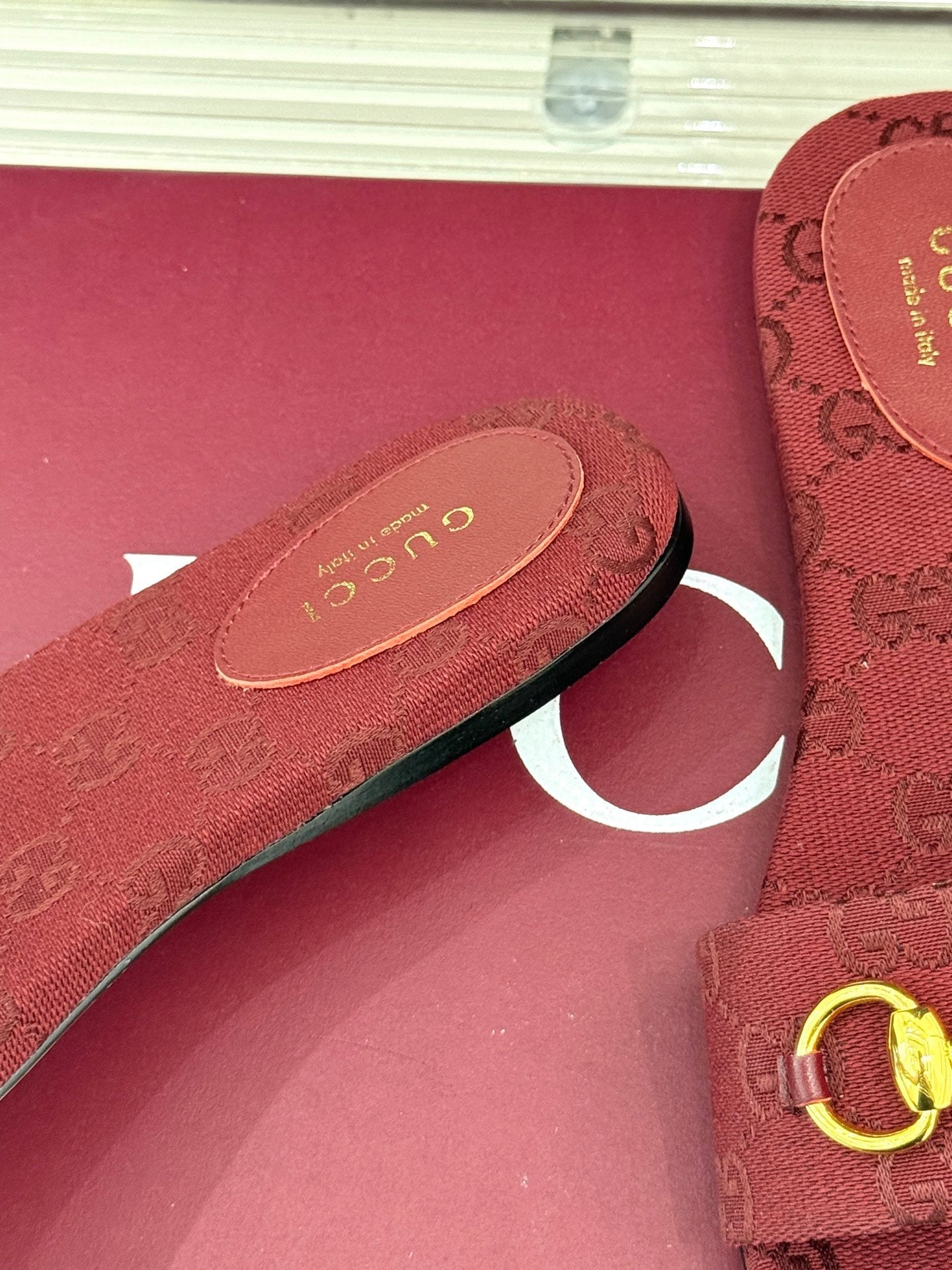 SLIDE SANDALS IN RED FABRIC EMBOSSED LOGO - 35
