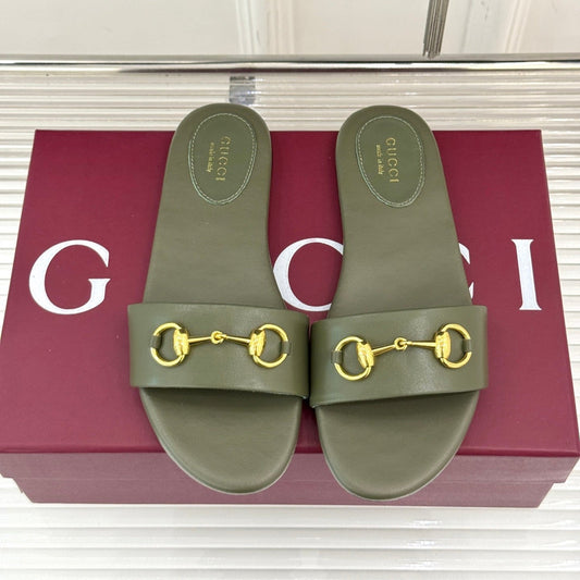 SLIDE SANDALS IN MOSS GREEN CALFSKIN WITH GOLD HARDWARE - 35