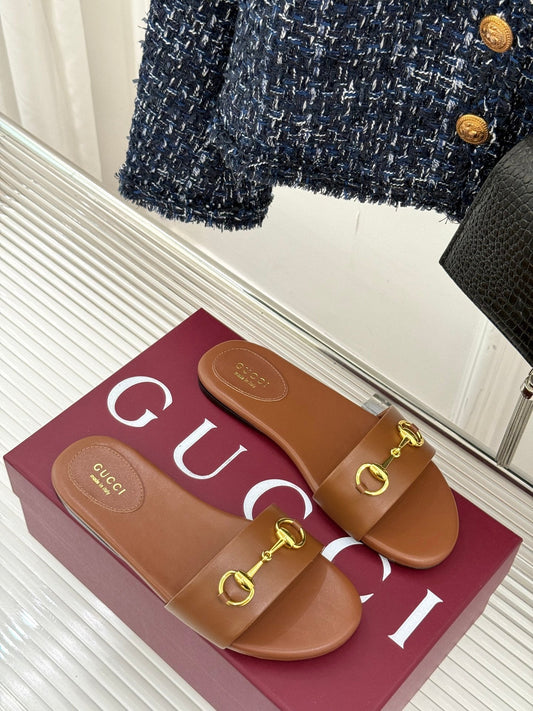 SLIDE SANDALS IN BROWN CALFSKIN WITH GOLD HARDWARE - 35