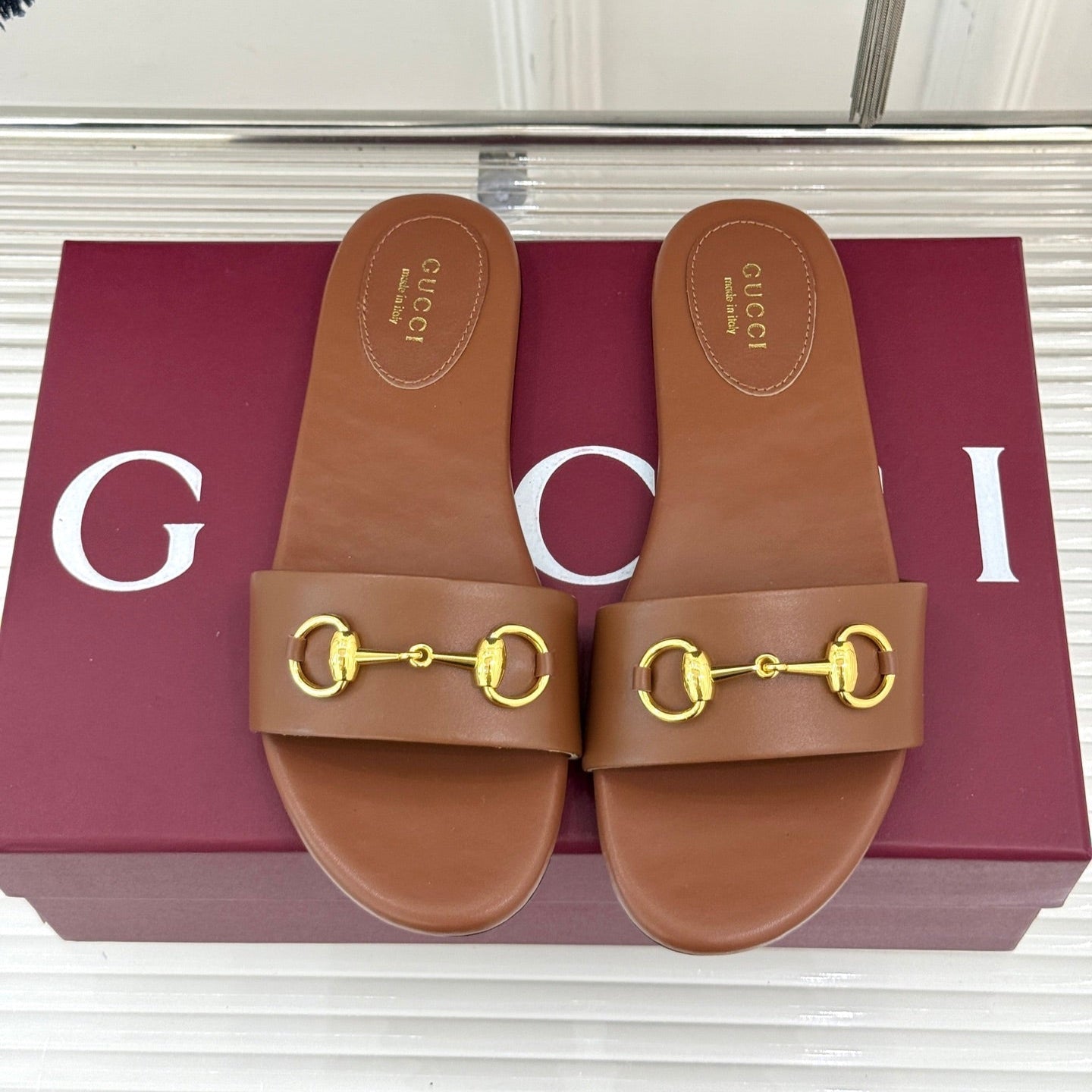 SLIDE SANDALS IN BROWN CALFSKIN WITH GOLD HARDWARE - 35