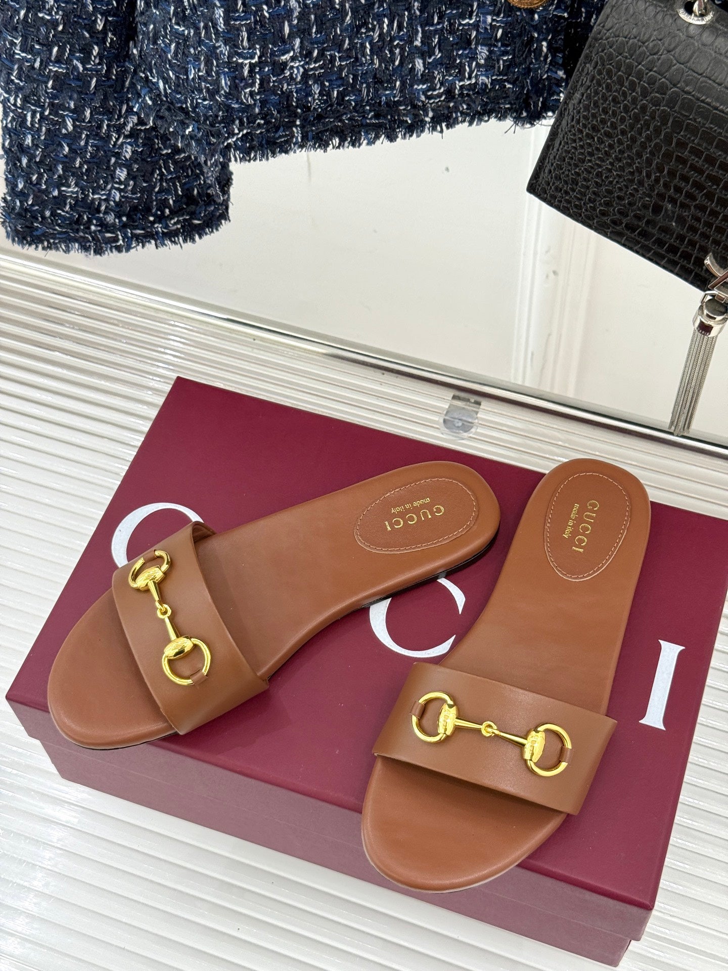 SLIDE SANDALS IN BROWN CALFSKIN WITH GOLD HARDWARE - 35