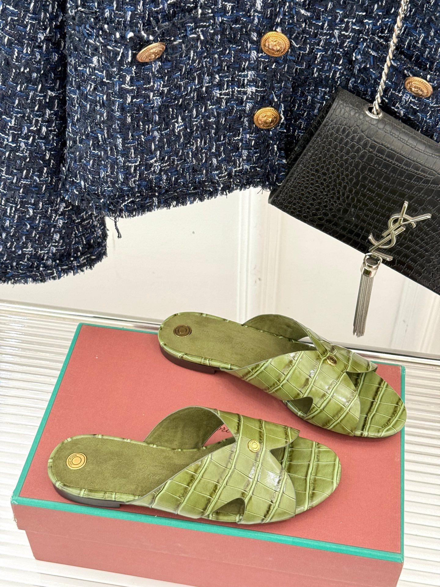 LP SANDALS 25S IN MOSS GREEN LAMBSKIN SNAKE EMBOSSING - 35