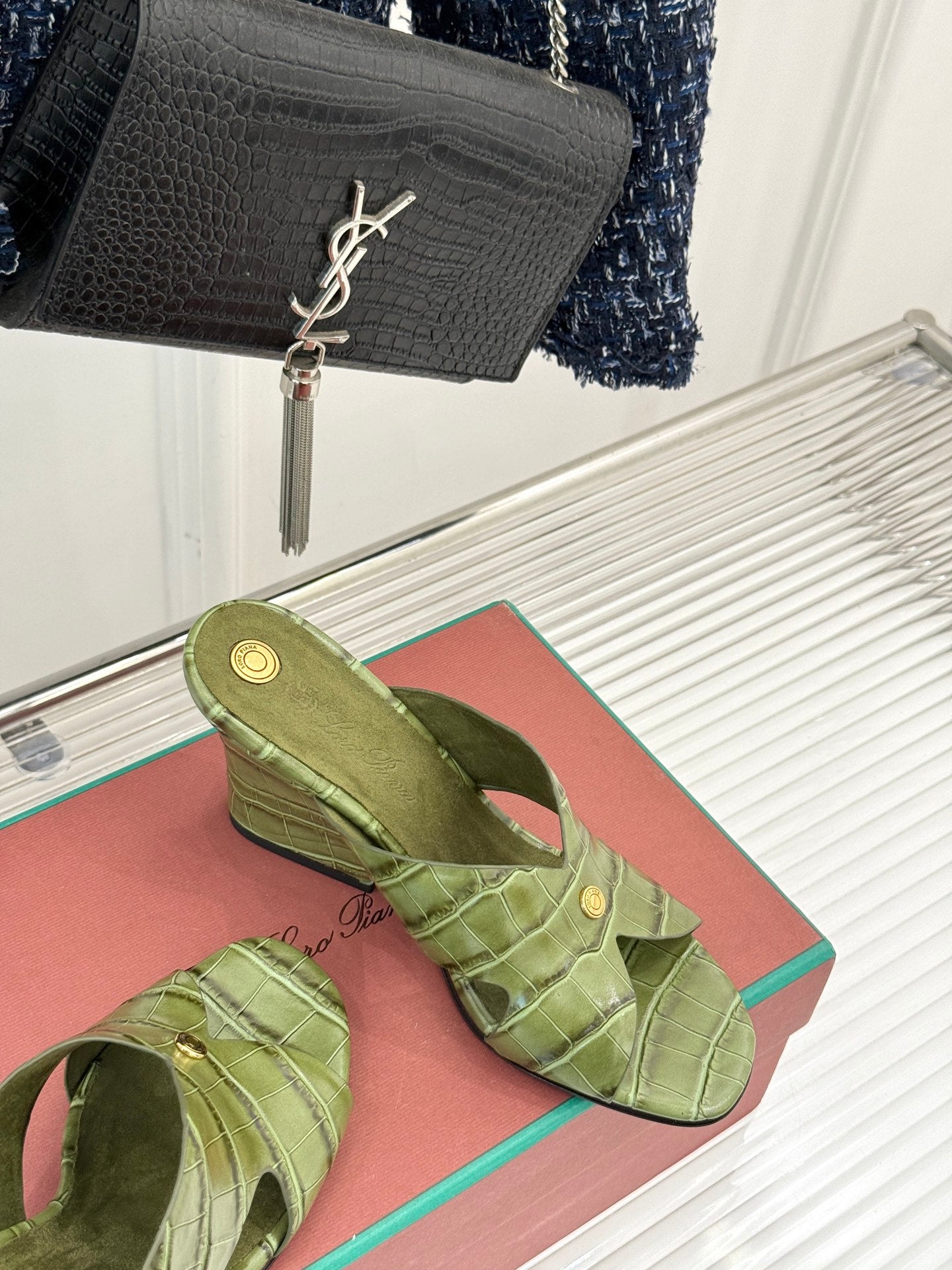 LP HIGH HEEL 25S IN MOSS GREEN LAMBSKIN SNAKE EMBOSSING - 35