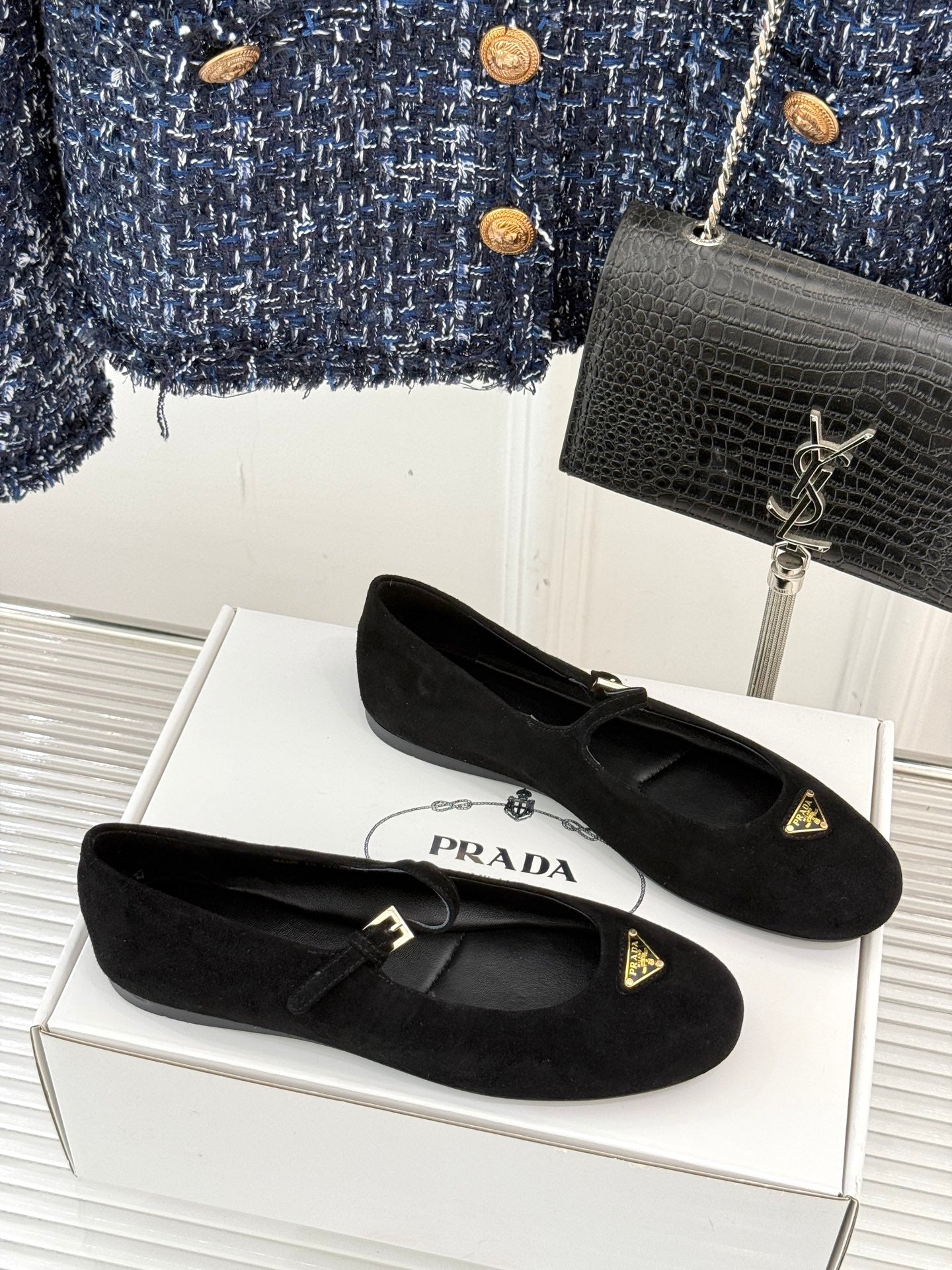 PRADA 25S SOFT PADDED BALLERINAS IN BLACK SUEDE - 35