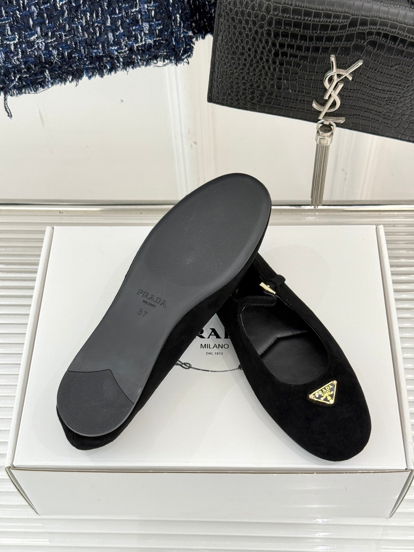 PRADA 25S SOFT PADDED BALLERINAS IN BLACK SUEDE - 35