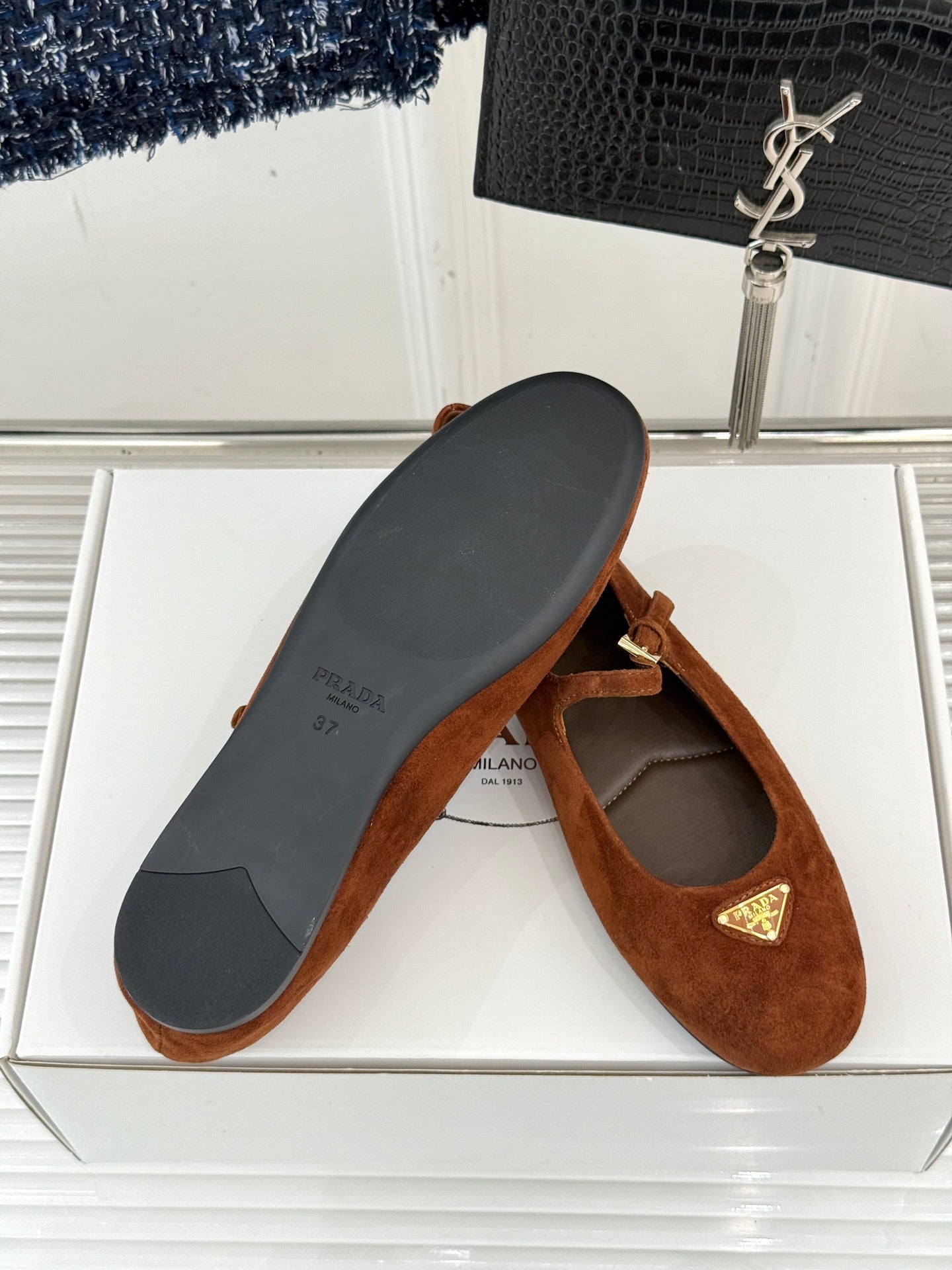 PRADA 25S SOFT PADDED BALLERINAS IN BURNT ORANGE SUEDE - 35