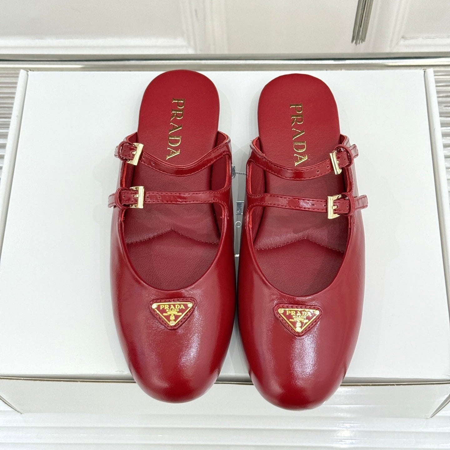 PRADA 25S DUAL MARY JANE BALLERINA MULES IN RED WINE CALFSKIN - 34