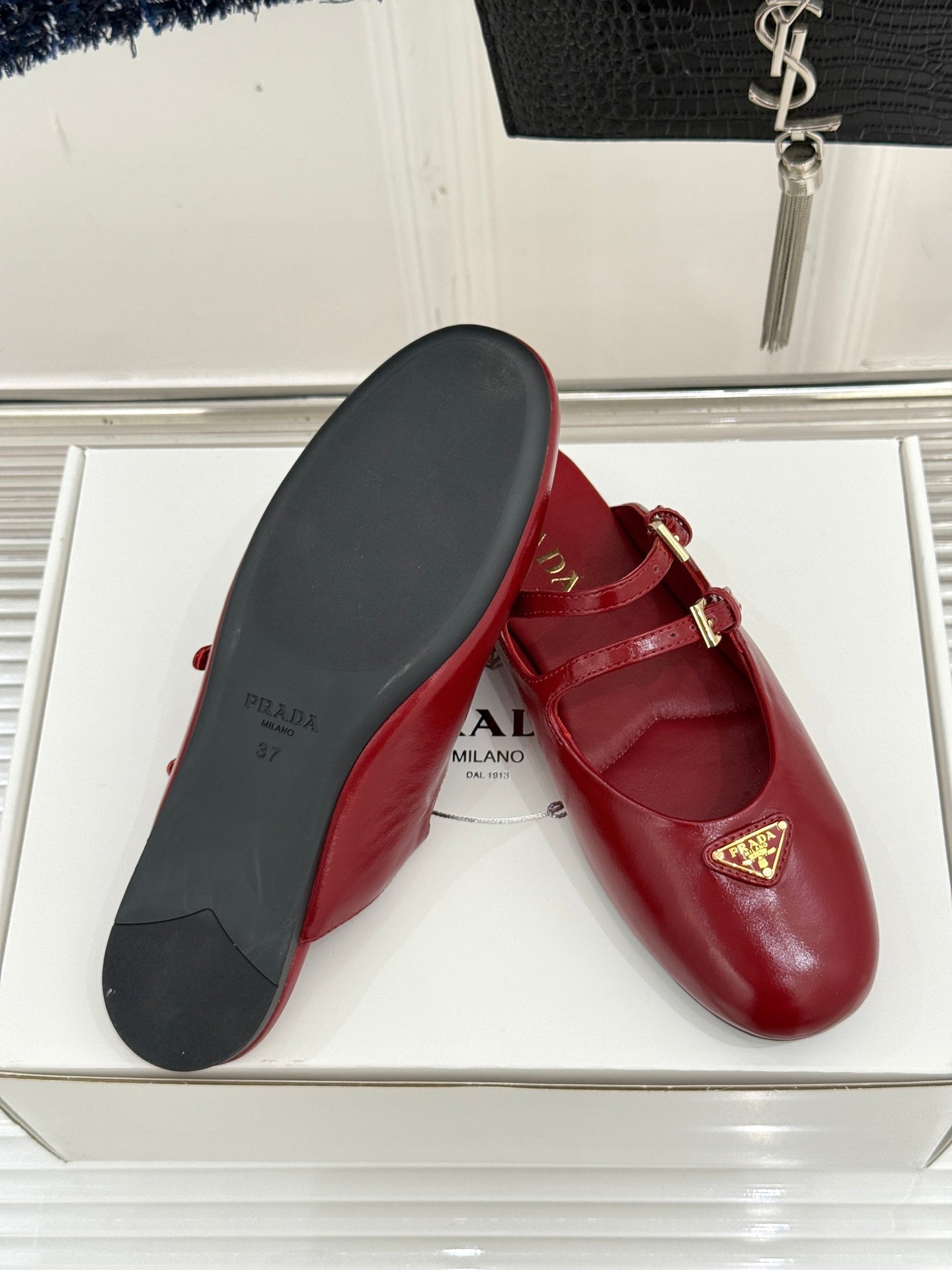 PRADA 25S DUAL MARY JANE BALLERINA MULES IN RED WINE CALFSKIN - 34