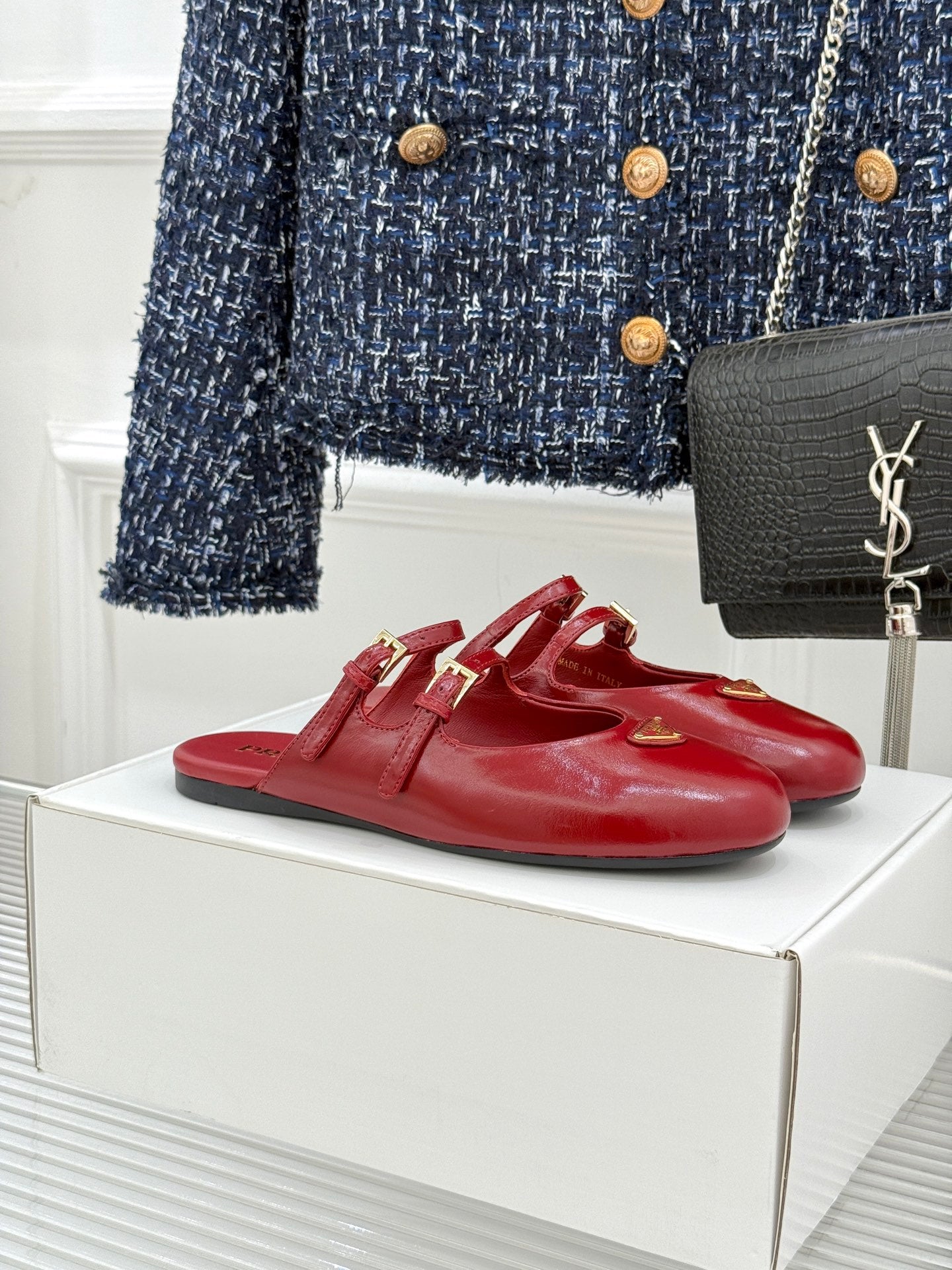 PRADA 25S DUAL MARY JANE BALLERINA MULES IN RED WINE CALFSKIN - 34