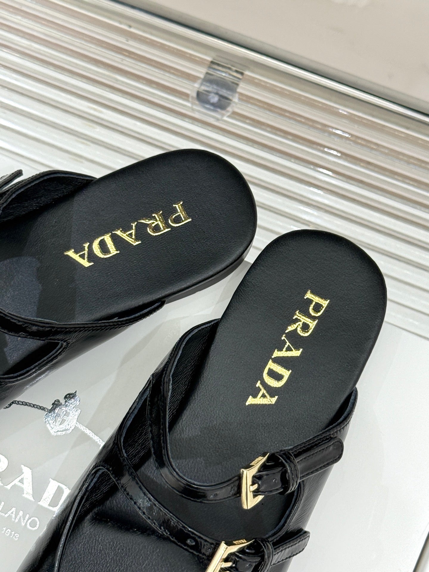PRADA 25S DUAL MARY JANE BALLERINA MULES IN BLACK CALFSKIN - 34