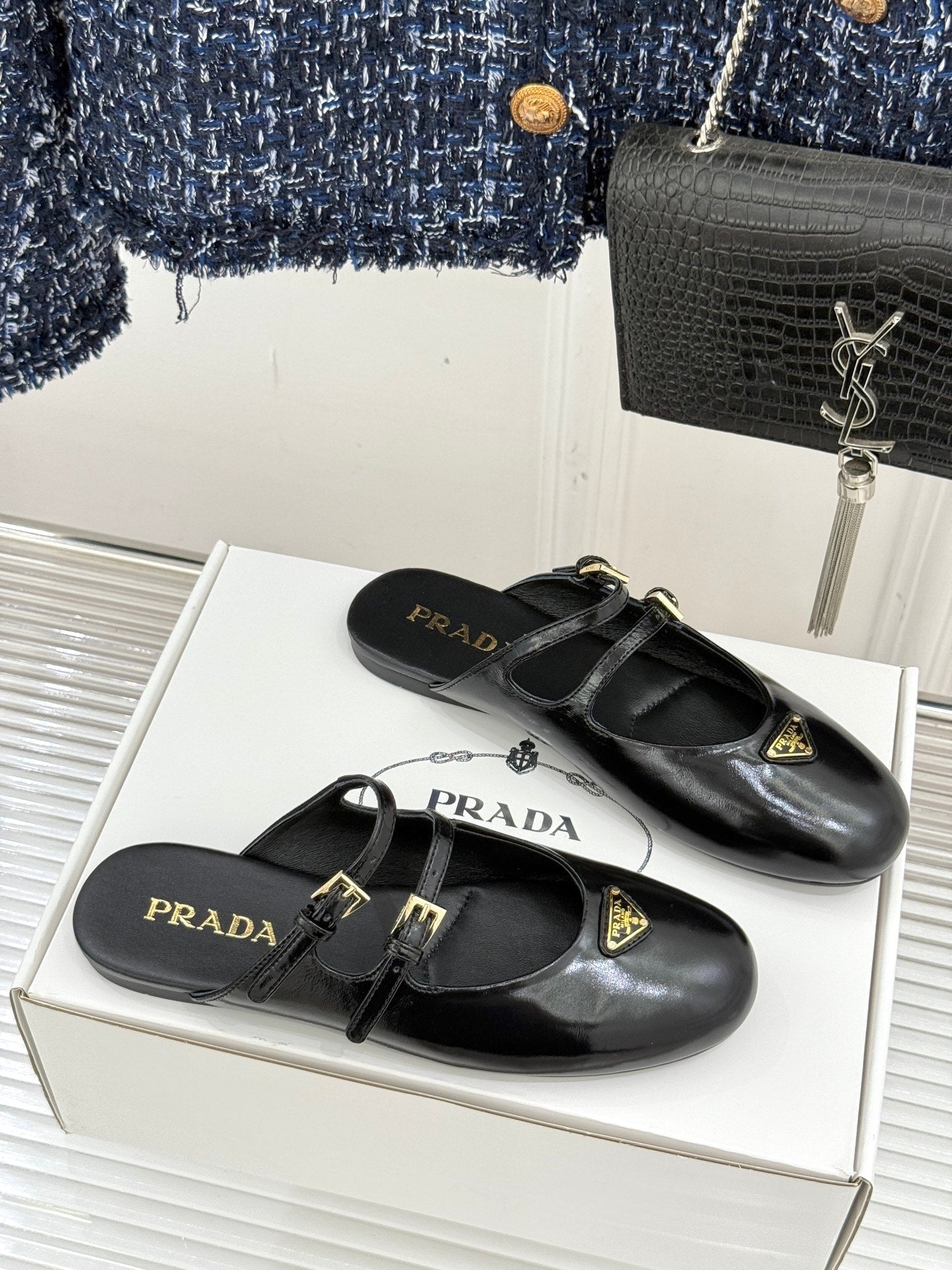 PRADA 25S DUAL MARY JANE BALLERINA MULES IN BLACK CALFSKIN - 34