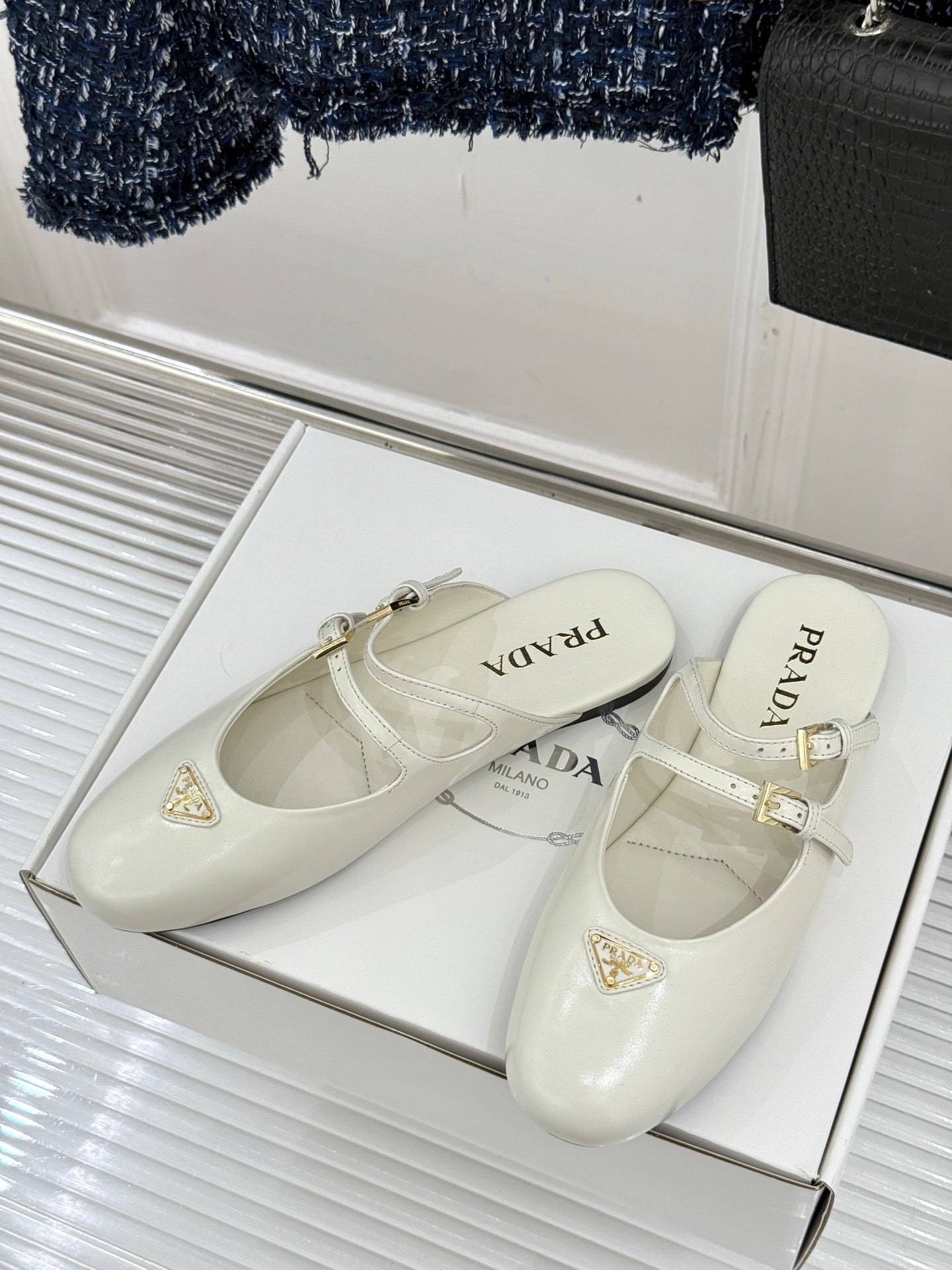 PRADA 25S DUAL MARY JANE BALLERINA MULES IN IVORY CALFSKIN - 34