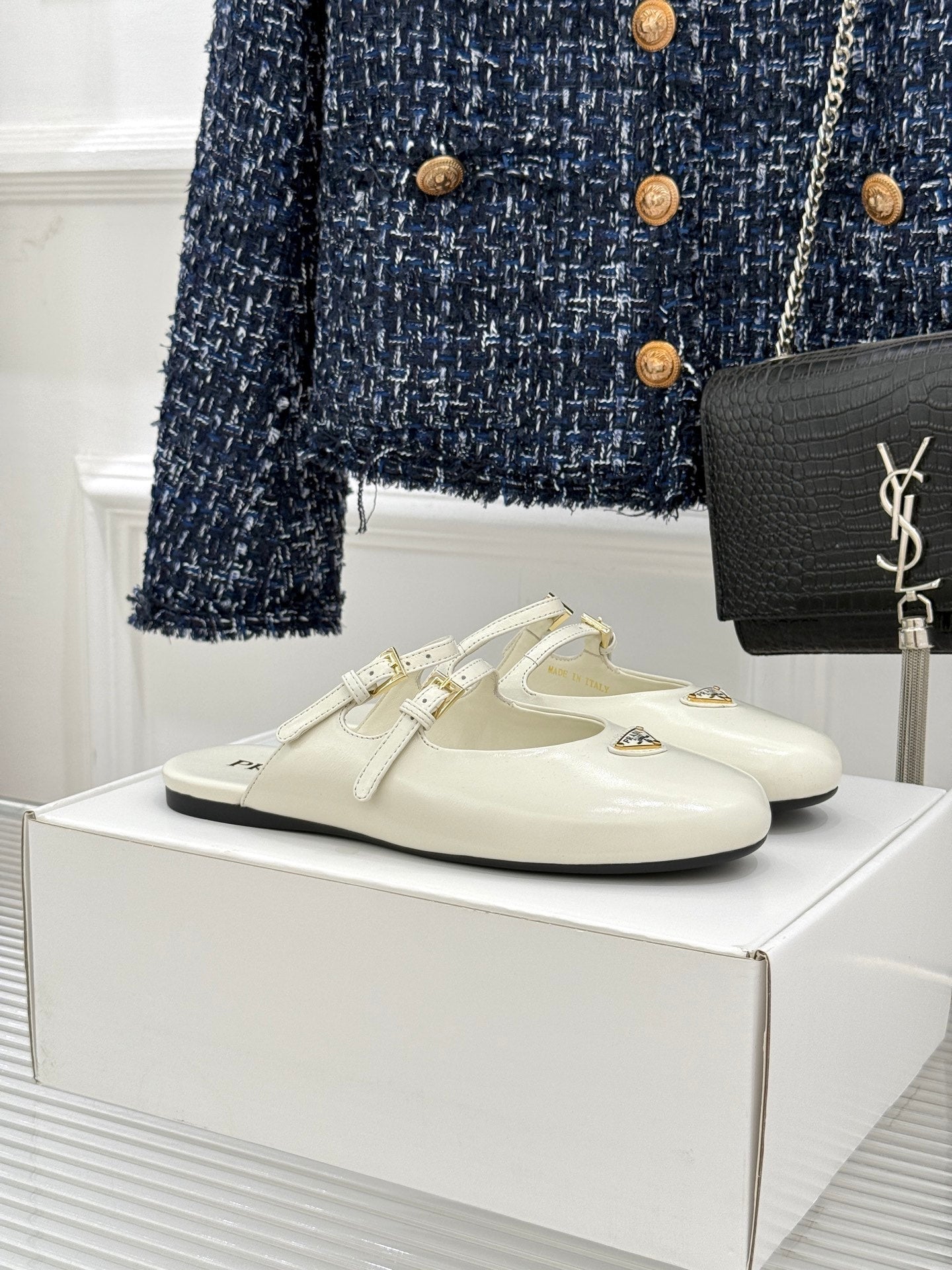 PRADA 25S DUAL MARY JANE BALLERINA MULES IN IVORY CALFSKIN - 34