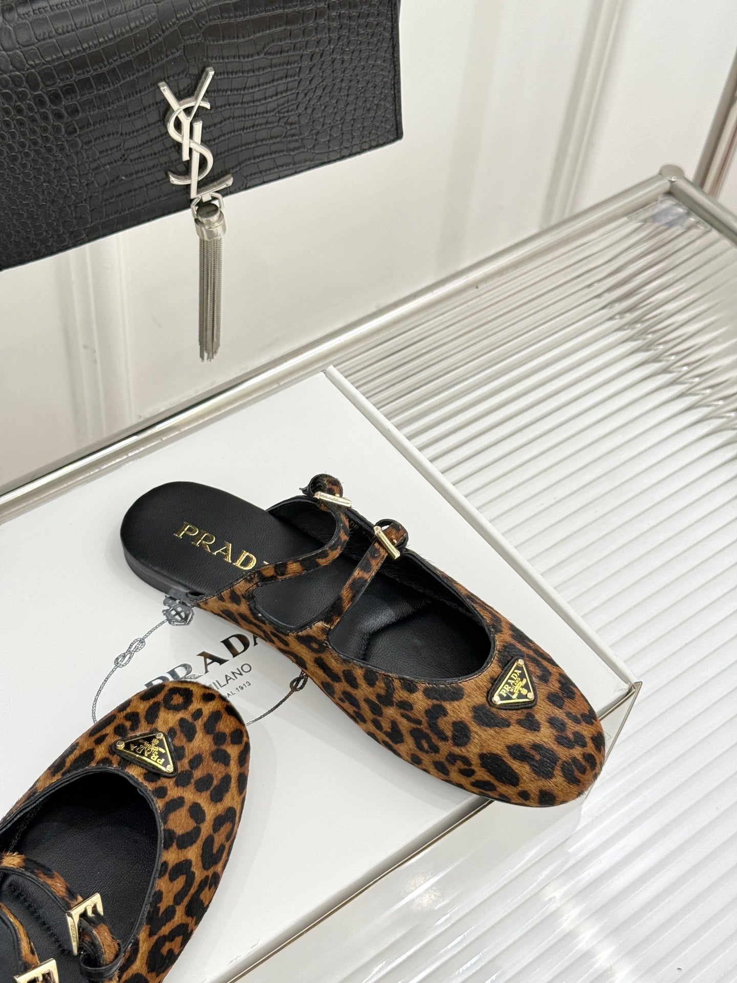 PRADA 25S DUAL MARY JANE BALLERINA MULES IN LEOPARD PRINT PONY HAIR - 34