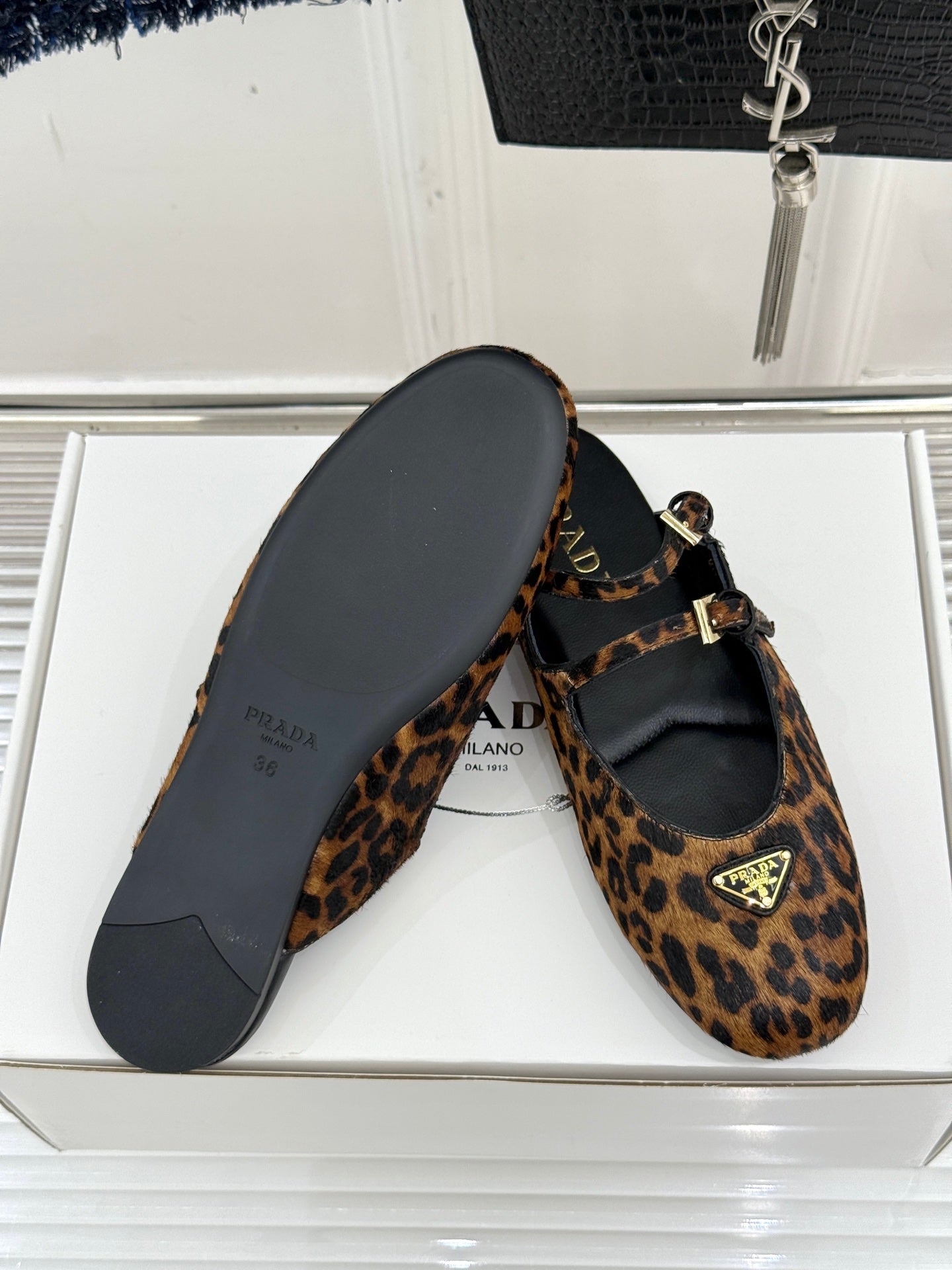 PRADA 25S DUAL MARY JANE BALLERINA MULES IN LEOPARD PRINT PONY HAIR - 34