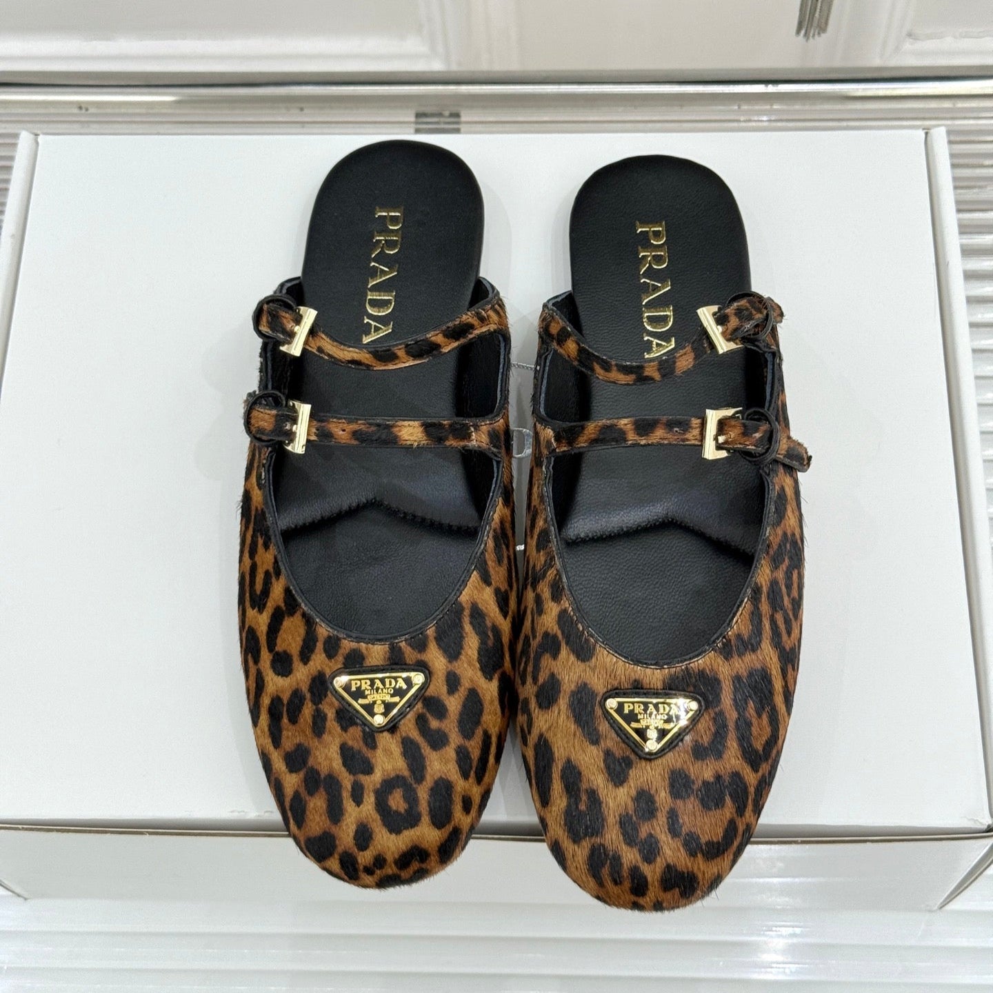 PRADA 25S DUAL MARY JANE BALLERINA MULES IN LEOPARD PRINT PONY HAIR - 34
