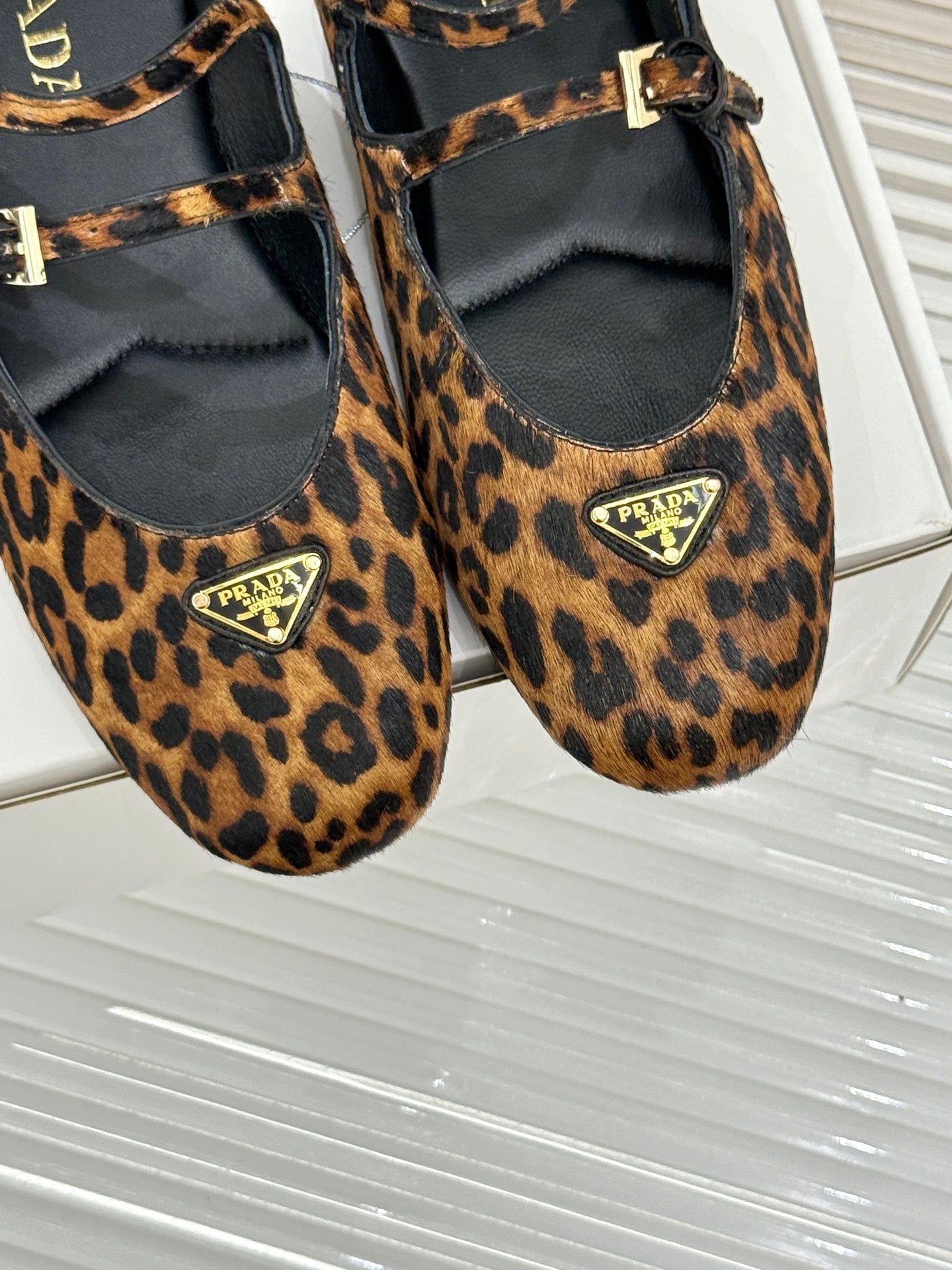 PRADA 25S DUAL MARY JANE BALLERINA MULES IN LEOPARD PRINT PONY HAIR - 34