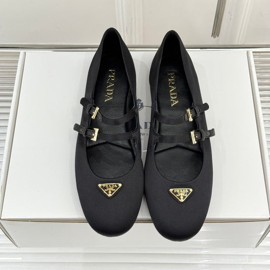 PRADA 25S DOUBLE STRAP BALLERINAS IN BLACK SATIN - 34