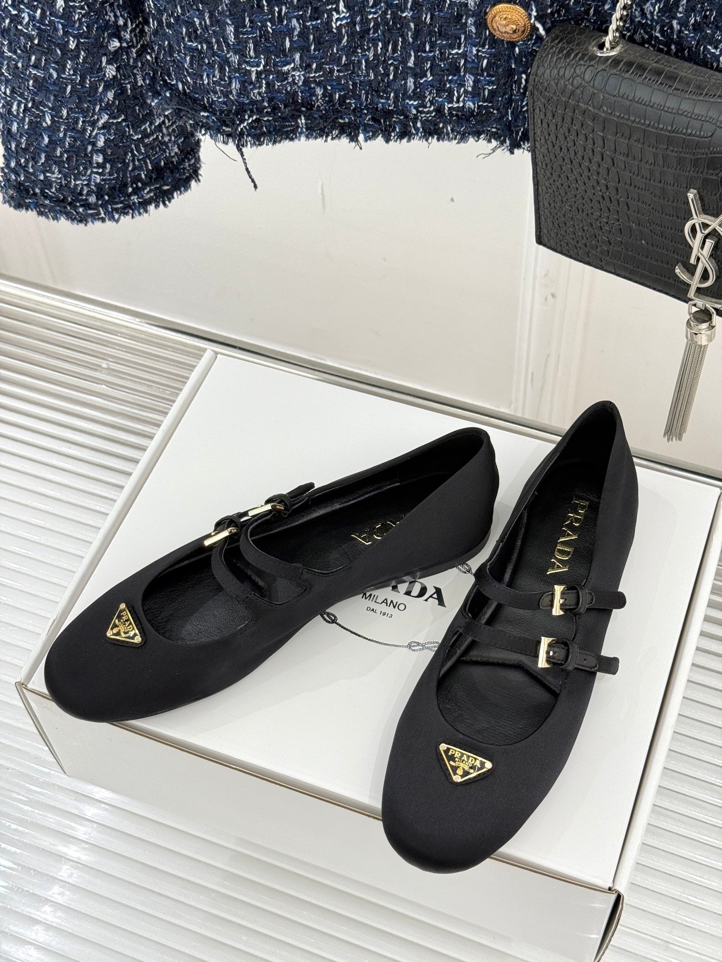 PRADA 25S DOUBLE STRAP BALLERINAS IN BLACK SATIN - 34