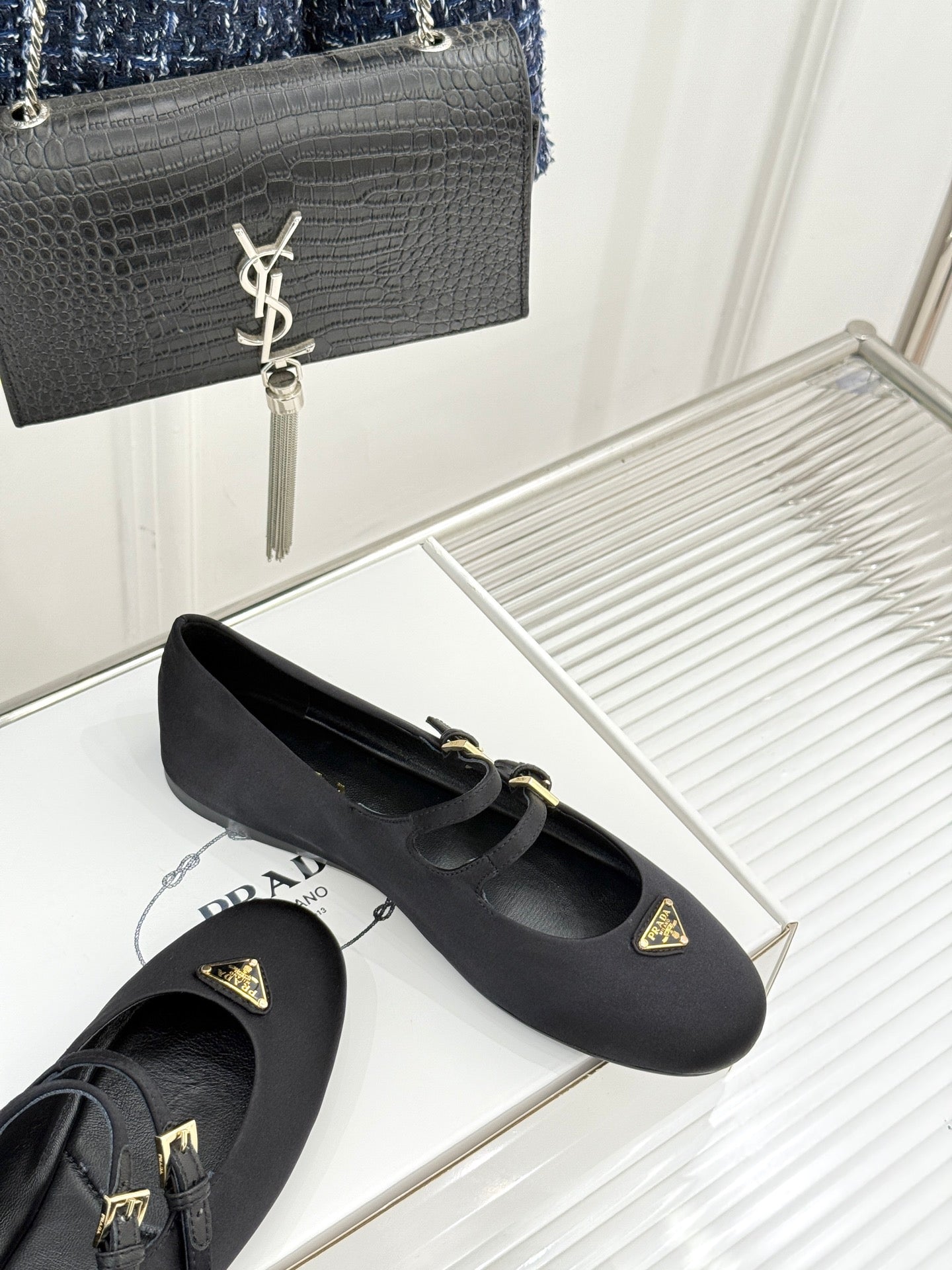 PRADA 25S DOUBLE STRAP BALLERINAS IN BLACK SATIN - 34