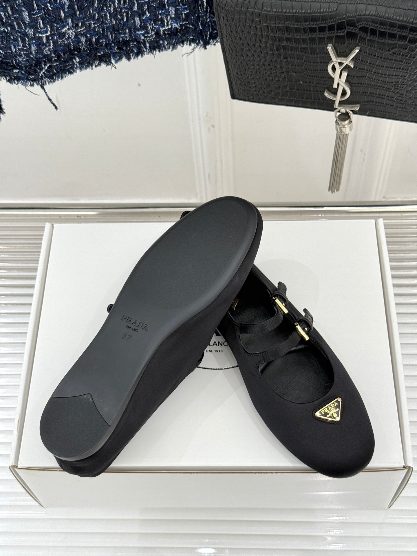 PRADA 25S DOUBLE STRAP BALLERINAS IN BLACK SATIN - 34