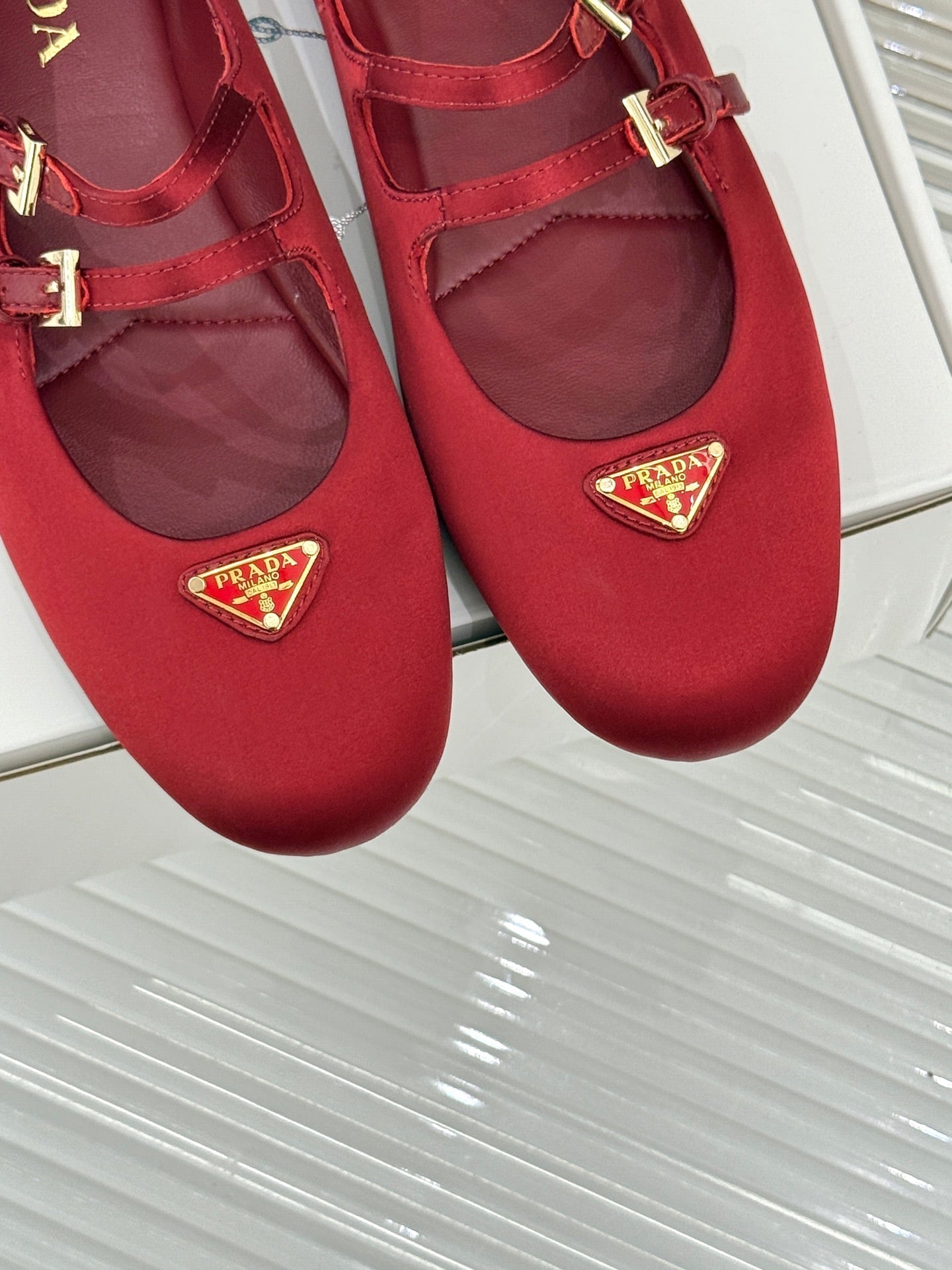 PRADA 25S DOUBLE STRAP BALLERINAS IN RED WINE SATIN - 34