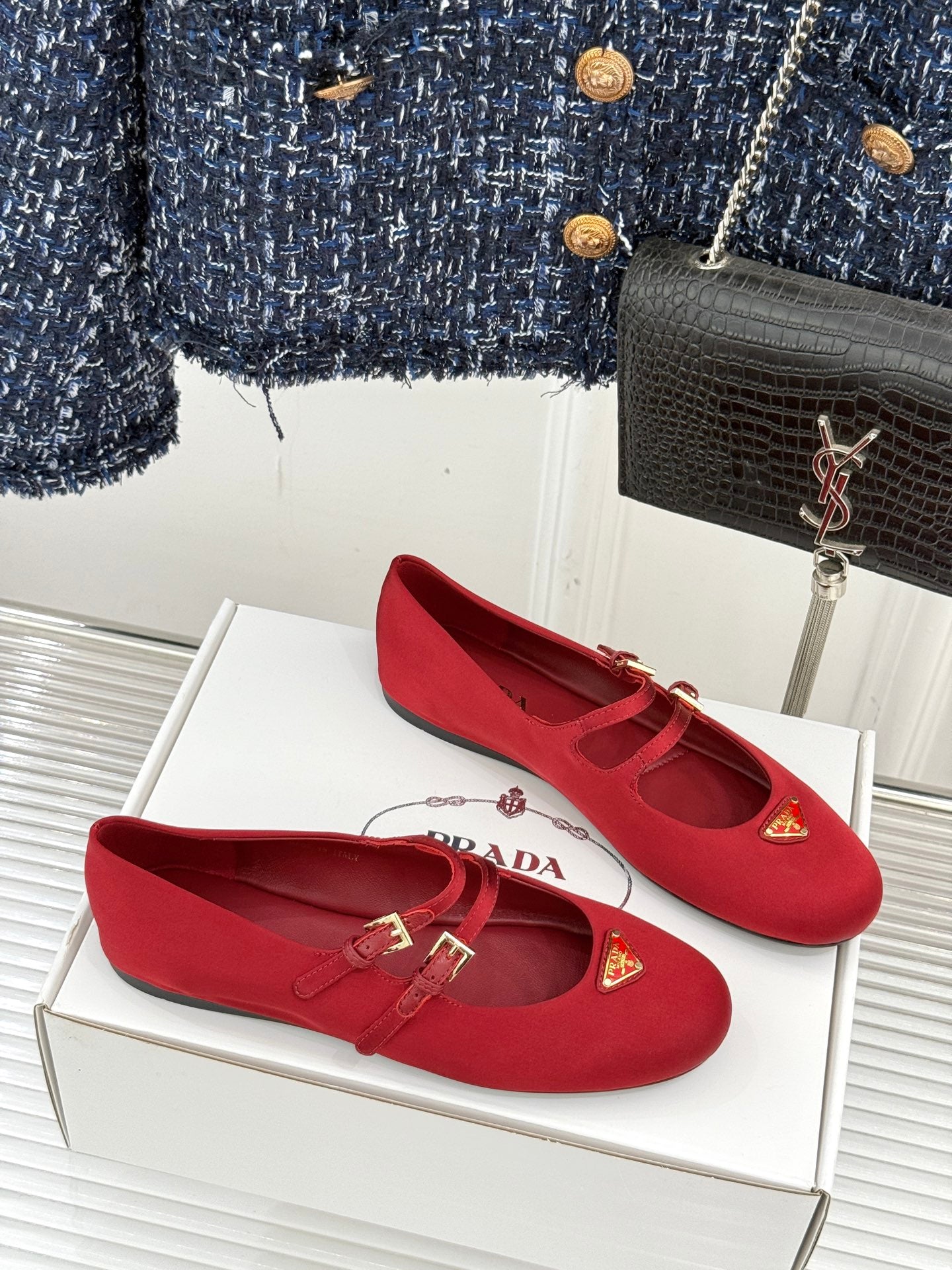 PRADA 25S DOUBLE STRAP BALLERINAS IN RED WINE SATIN - 34