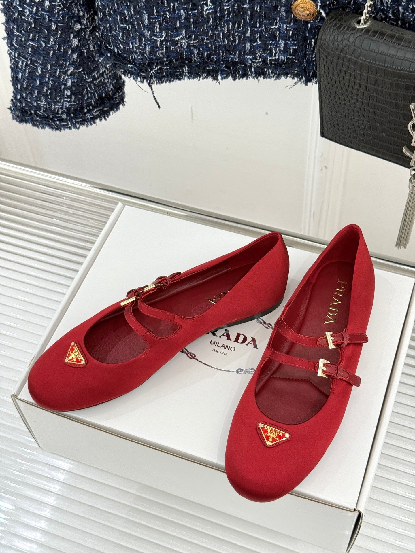 PRADA 25S DOUBLE STRAP BALLERINAS IN RED WINE SATIN - 34