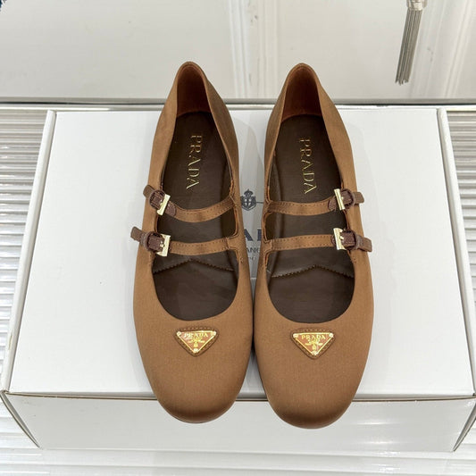 PRADA 25S DOUBLE STRAP BALLERINAS IN DARK BROWN SATIN - 34