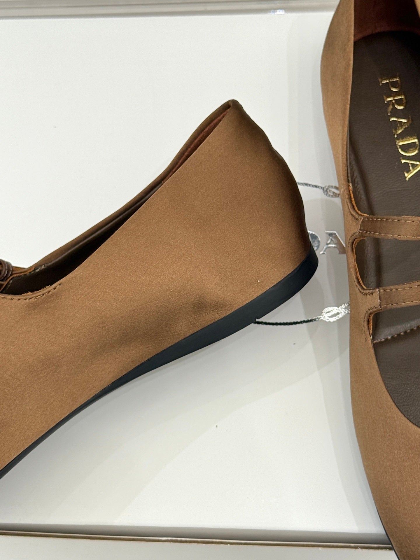PRADA 25S DOUBLE STRAP BALLERINAS IN DARK BROWN SATIN - 34