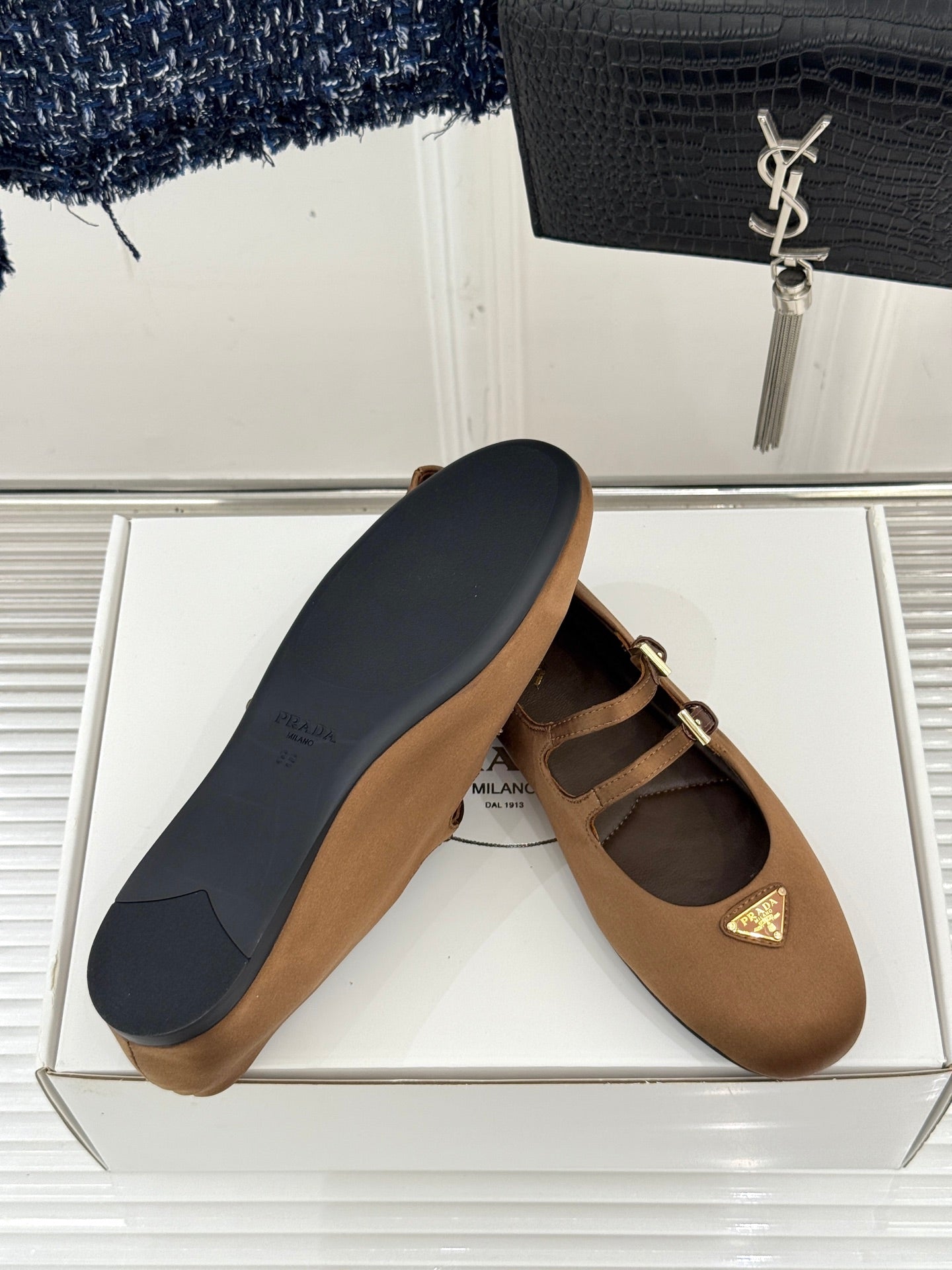 PRADA 25S DOUBLE STRAP BALLERINAS IN DARK BROWN SATIN - 34