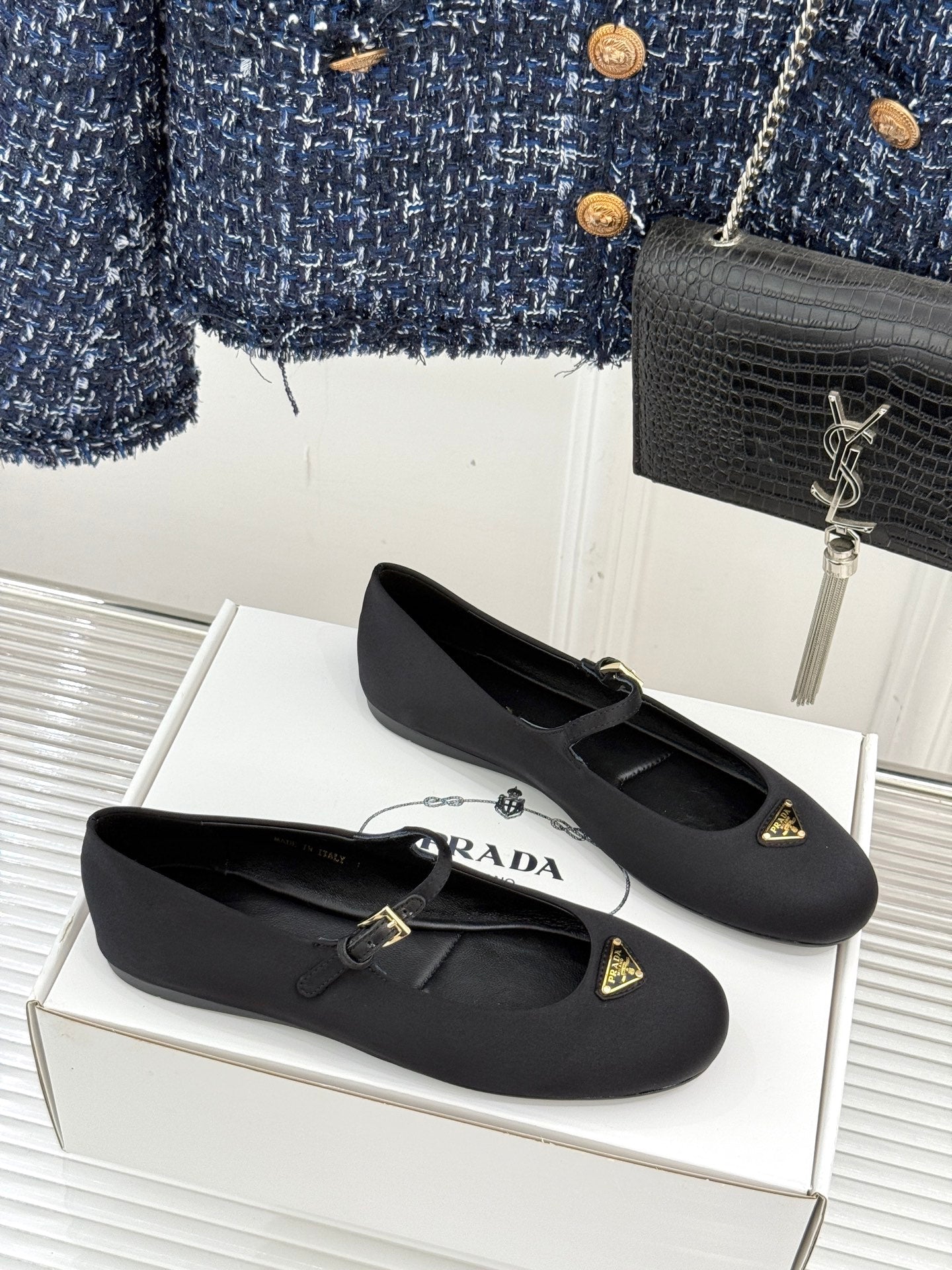 PRADA 25S BALLERINAS IN BLACK SATIN - 34