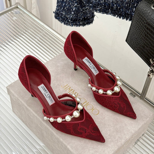 ВИСОКІ ПІДБОРИ JIMMY CHOO 26S, 65 ММ, ТЕМНО-ЧЕРВОНЕ МЕРЕЖИВО, ПРИКРАШЕНІ ПЕРЛИНАМИ