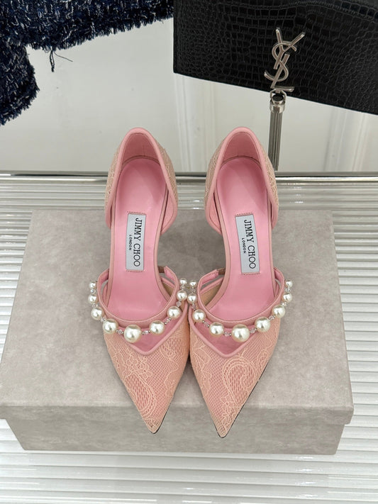 JIMMY CHOO 26S HIGH HEELS 85 MM IN LIGHT PINK LACE PEARL-EMBELLISHED
