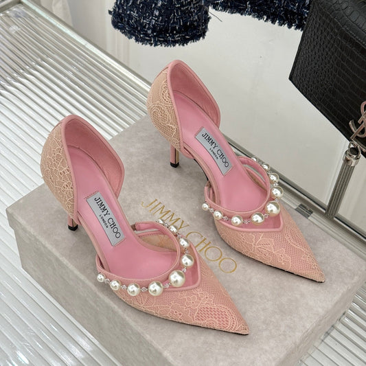 БОСОНІЖКИ JIMMY CHOO 26S НА ВИСОКОМУ КАБЛУЦІ 85 ММ ЗІ СВІТЛО-РОЖЕВОГО МЕРЕЖИВА, ПРИКРАШЕНІ ПЕРЛАМИ