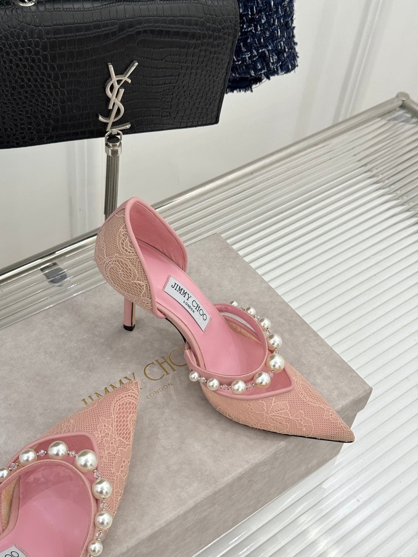 БОСОНІЖКИ JIMMY CHOO 26S НА ВИСОКОМУ КАБЛУЦІ 85 ММ ЗІ СВІТЛО-РОЖЕВОГО МЕРЕЖИВА, ПРИКРАШЕНІ ПЕРЛАМИ