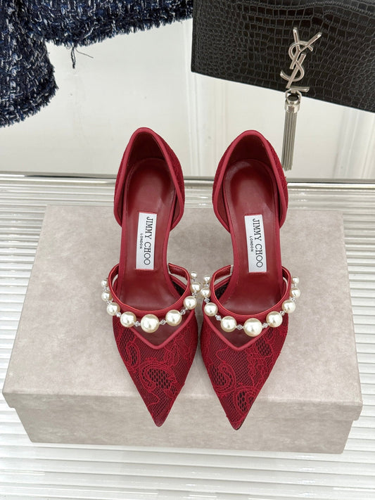 JIMMY CHOO 26S ТУФЛІ НА ВИСОКИХ ПІДБОРАХ 85 ММ З ТЕМНО-ЧЕРВОНОГО МЕРЕЖИВА, ПРИКРАШЕНІ ПЕРЛАМИ