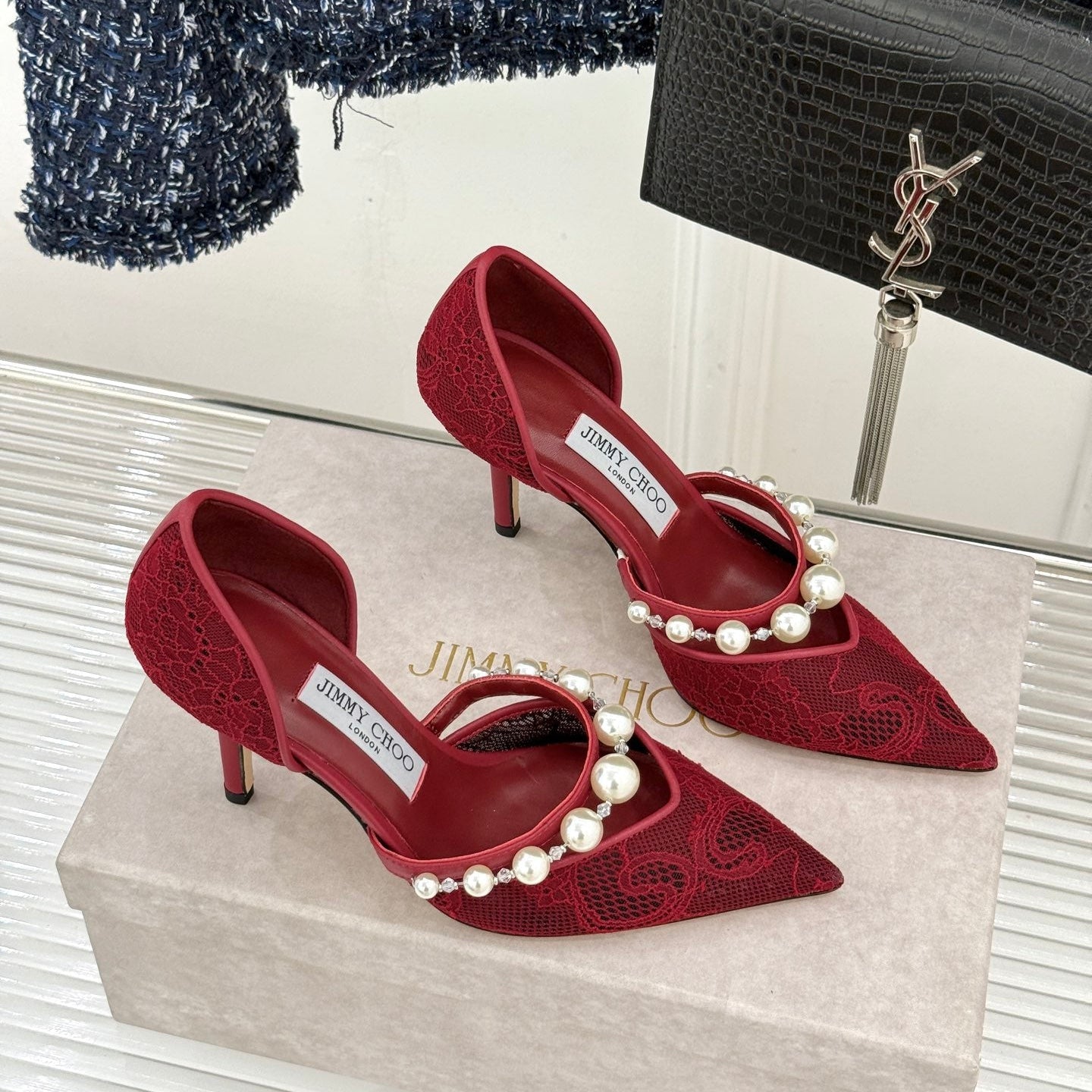 JIMMY CHOO 26S ТУФЛІ НА ВИСОКИХ ПІДБОРАХ 85 ММ З ТЕМНО-ЧЕРВОНОГО МЕРЕЖИВА, ПРИКРАШЕНІ ПЕРЛАМИ