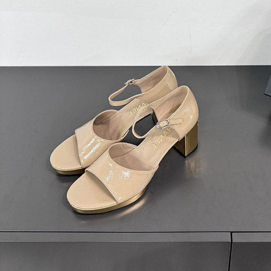 BLOCK HEEL SANDALS BEIGE SHEEPSKIN - 35