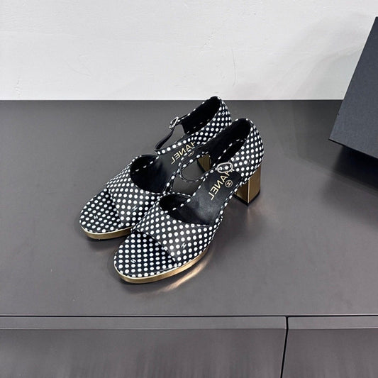 BLOCK HEEL SANDALS BLACK POLKA DOT SHEEPSKIN - 35