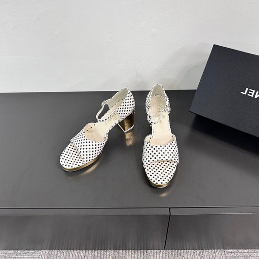 BLOCK HEEL SANDALS WHITE POLKA DOT SHEEPSKIN - 35