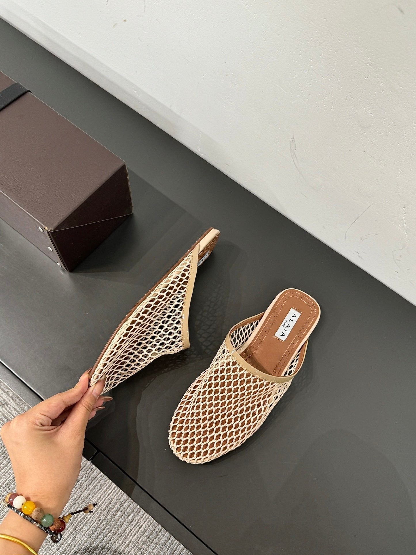 ALAIA FLAT MULES IN BEIGE MESH FISHNET - 34