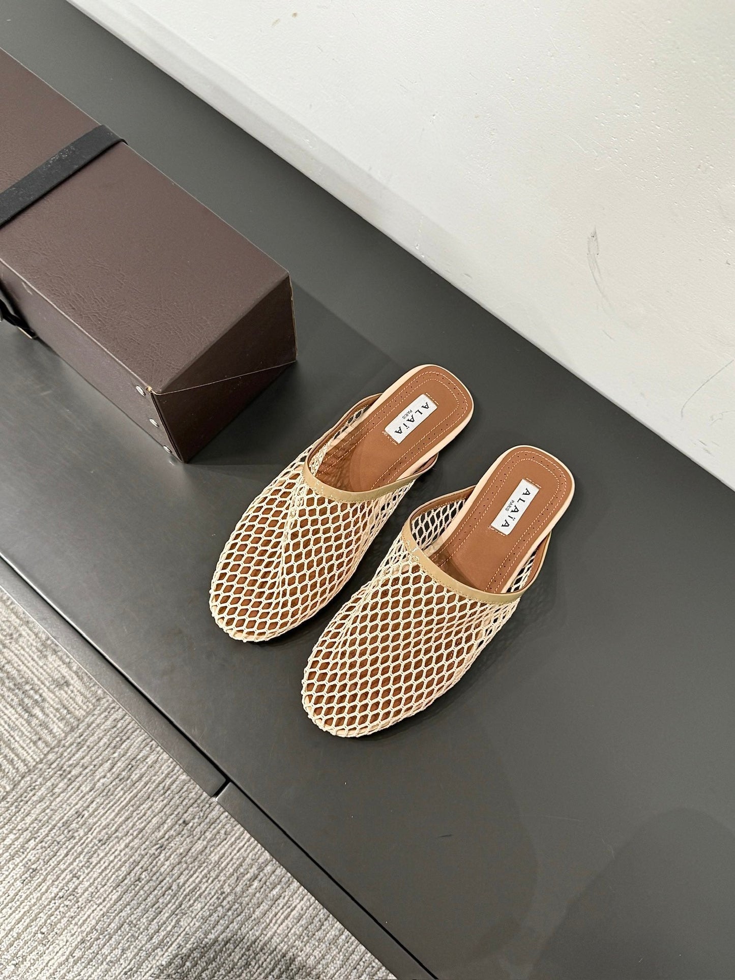 ALAIA FLAT MULES IN BEIGE MESH FISHNET - 34