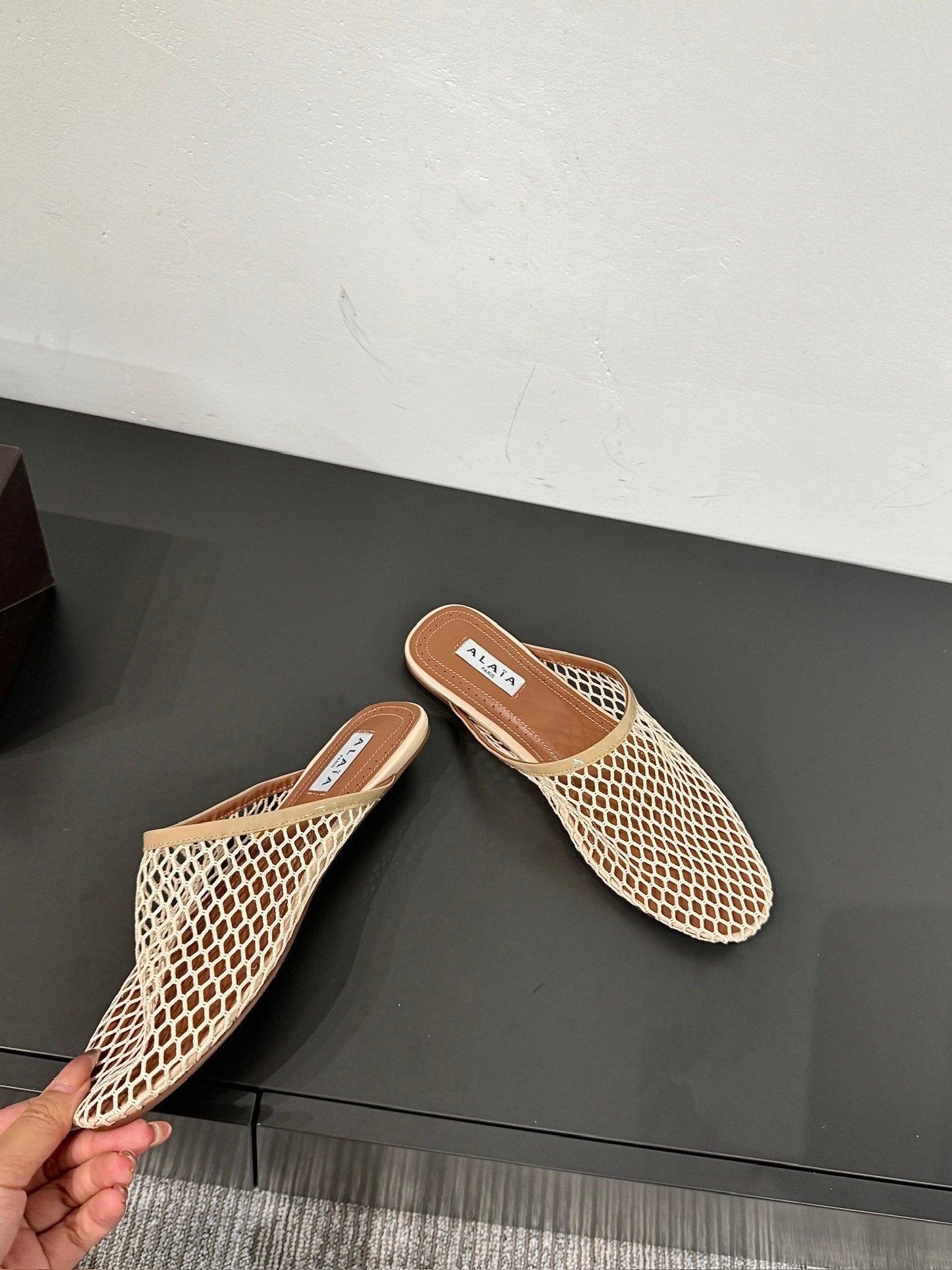 ALAIA FLAT MULES IN BEIGE MESH FISHNET - 34