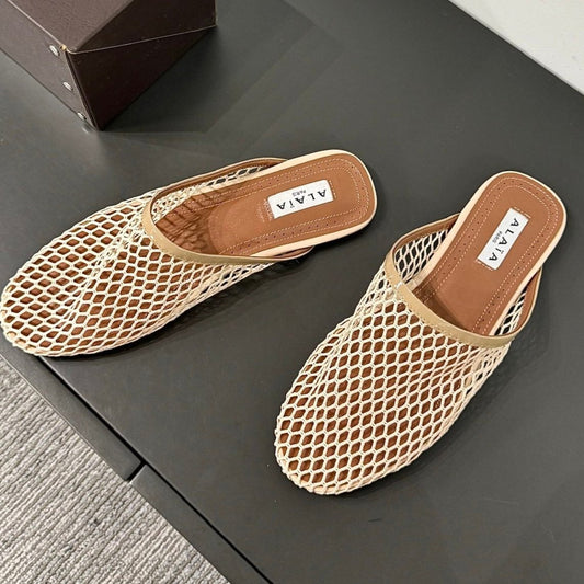 ALAIA FLAT MULES IN BEIGE MESH FISHNET - 34