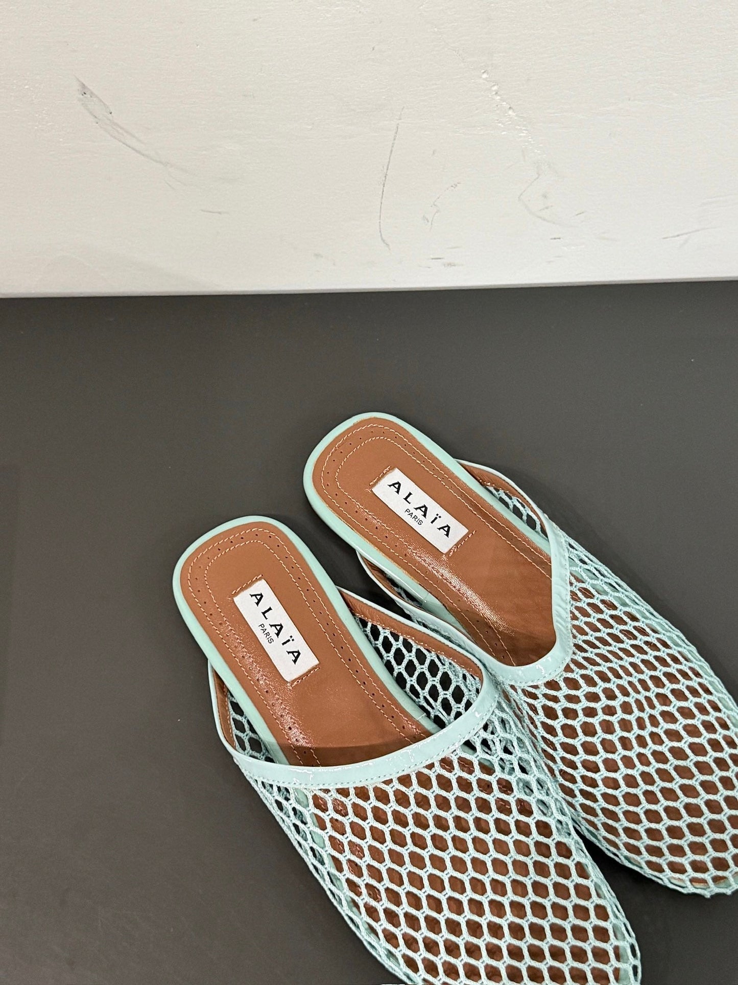 ALAIA FLAT MULES IN LIGHT BLUE MESH FISHNET - 34